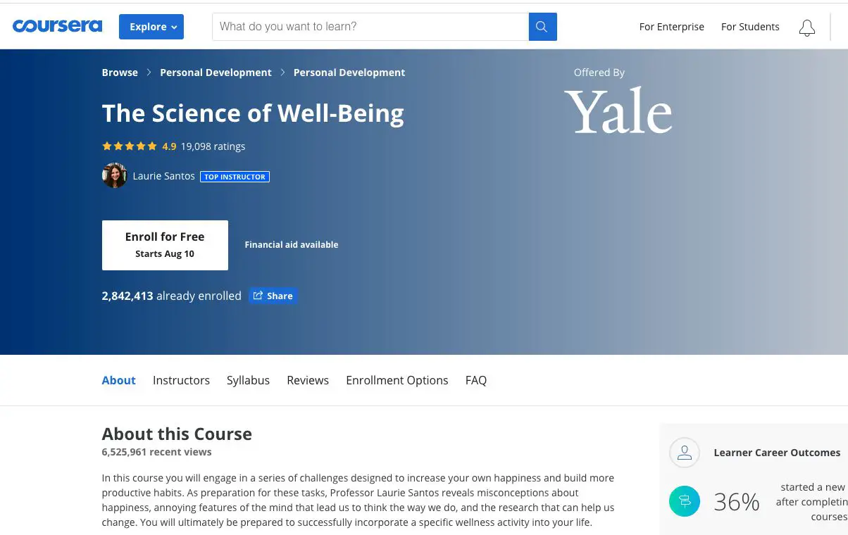 Coursera-cursus over de wetenschap van welzijn aangeboden door Yale