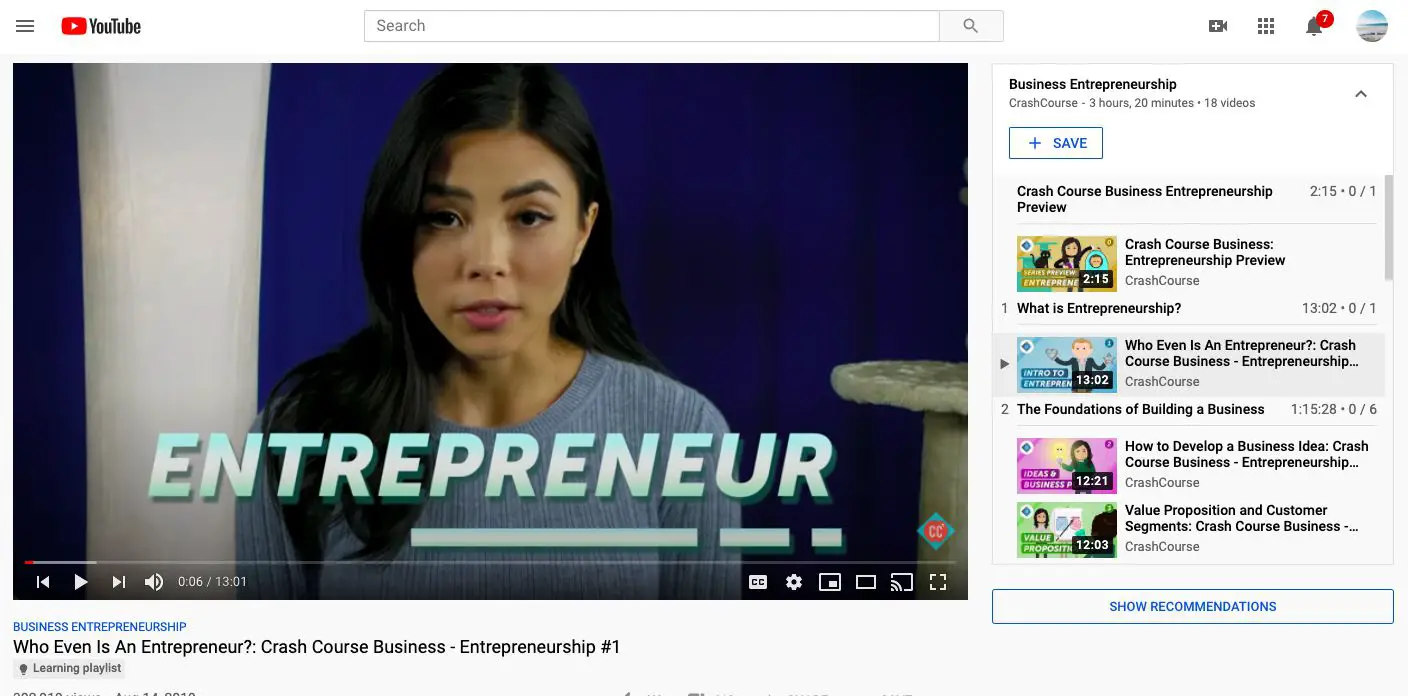 YouTube Crash Course-kanaalvideoles over ondernemerschap