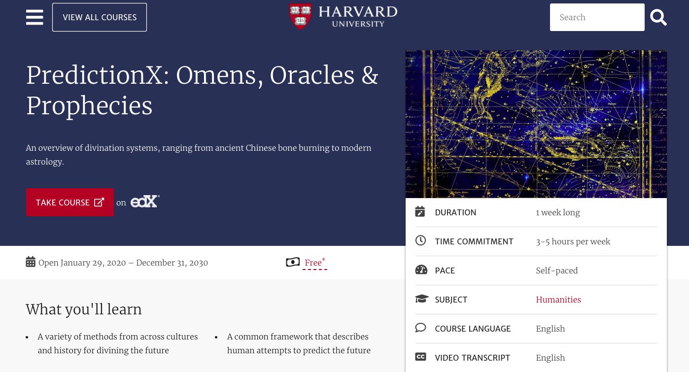 Harvard Online Learning cursusbeschrijving voor "PredictionX" Omens, Oracles, & Prophecies"