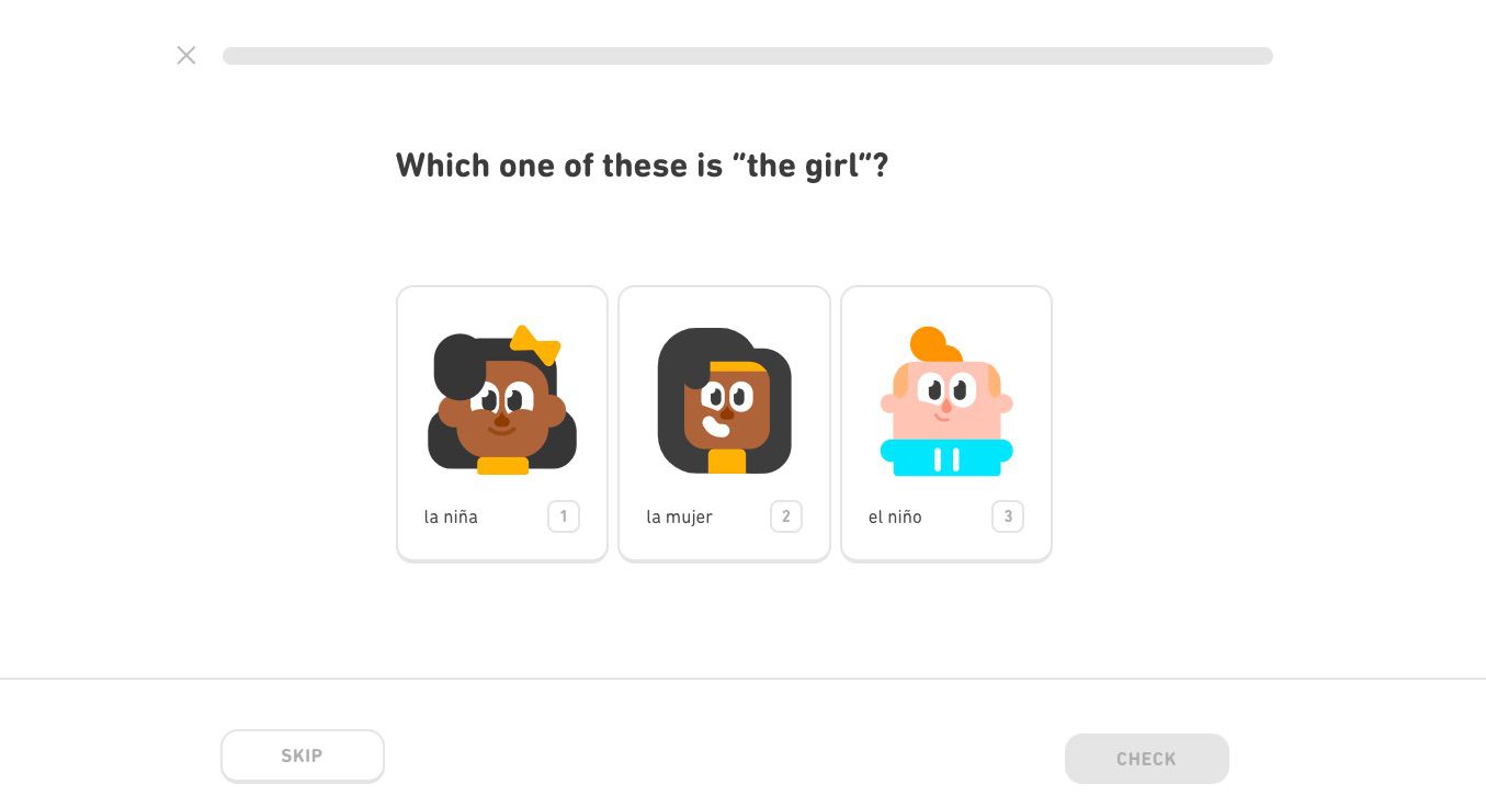 Duolingo inleidende Spaanse les met de vraag "Welke van deze is het meisje?"