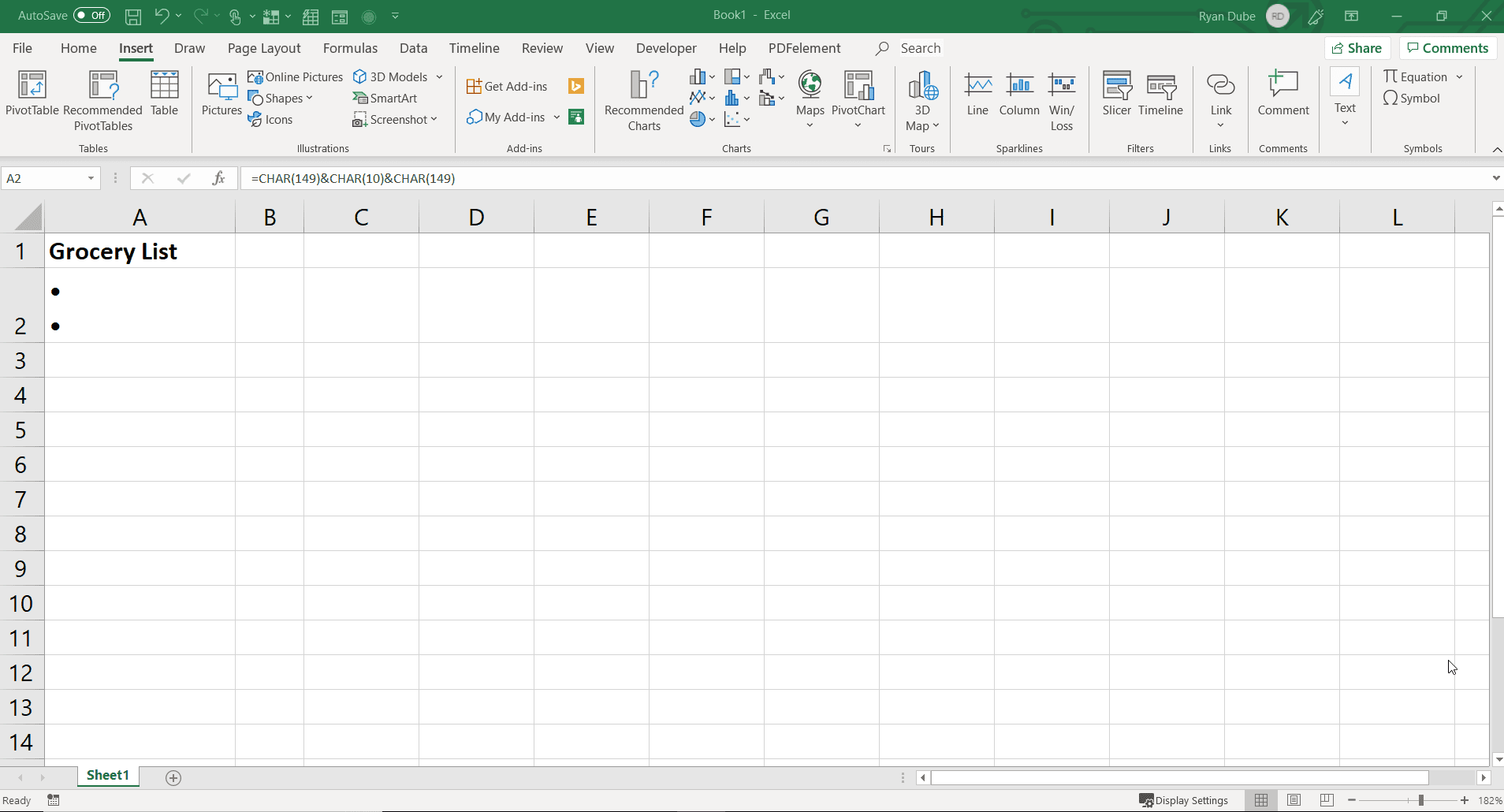 Opsommingstekens toevoegen in Excel 2022