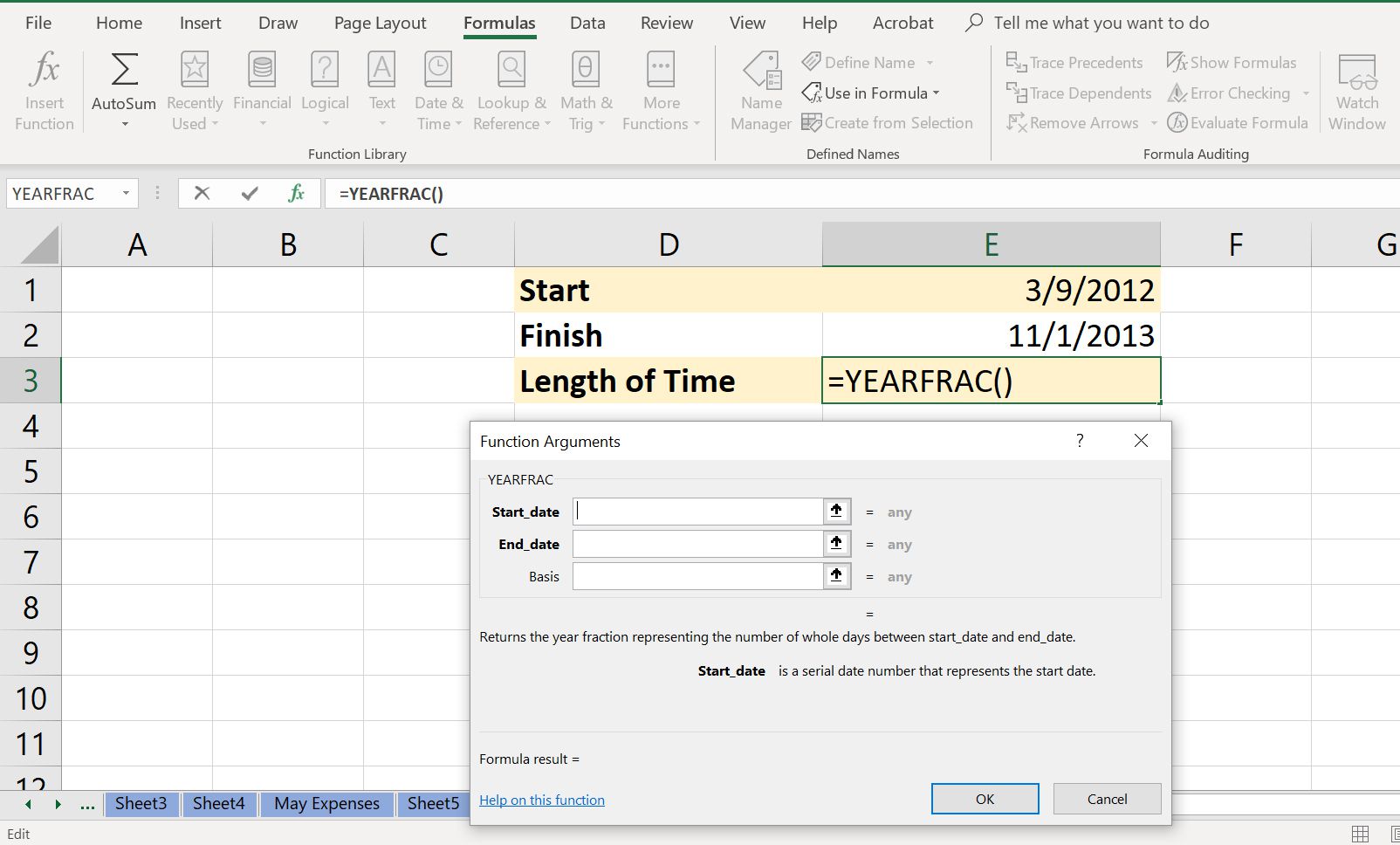 Excel-spreadsheet met het dialoogvenster YEARFRAC-functie