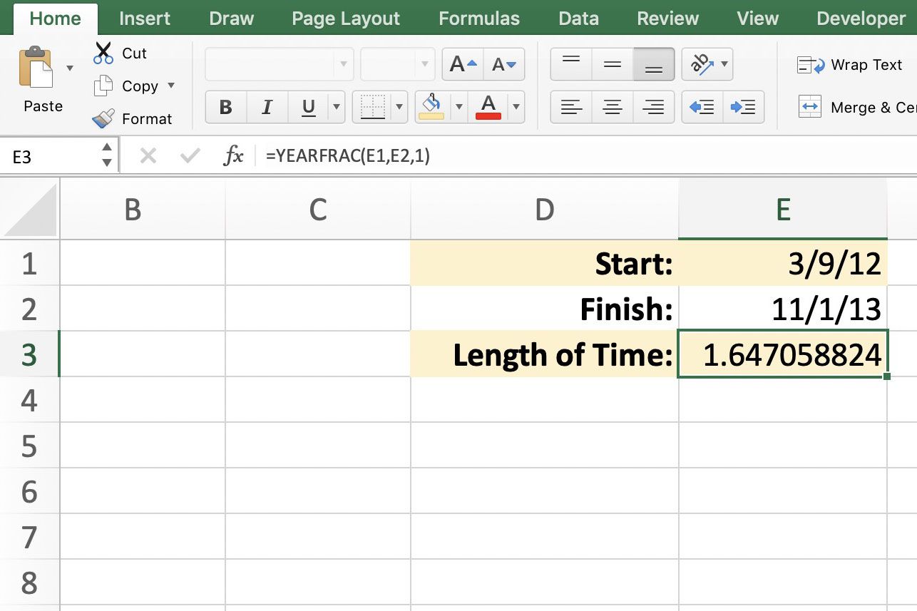 Excel toont YEARFRAC voorbeeldgegevens