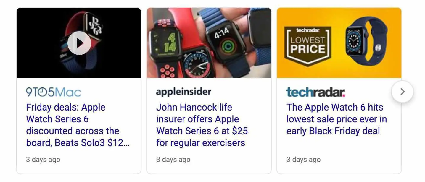 Drie advertenties waarin de Apple Watch Series 6 met kortingen wordt weergegeven