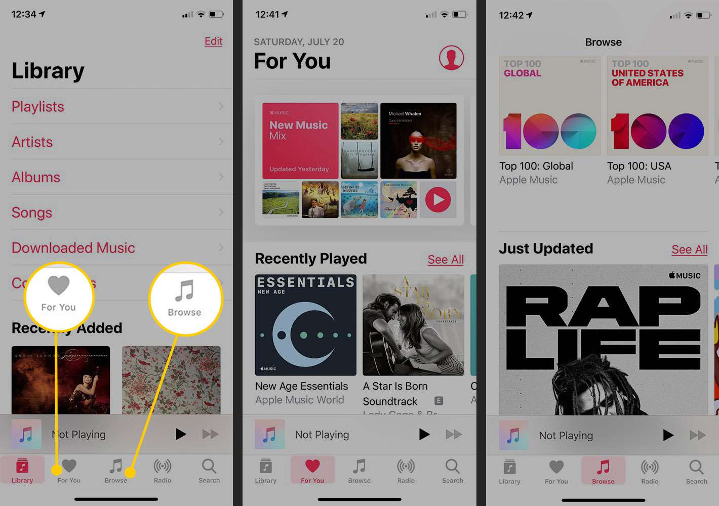 Apple Music-app op een iPhone met de tabbladen Voor jou en Bladeren gemarkeerd