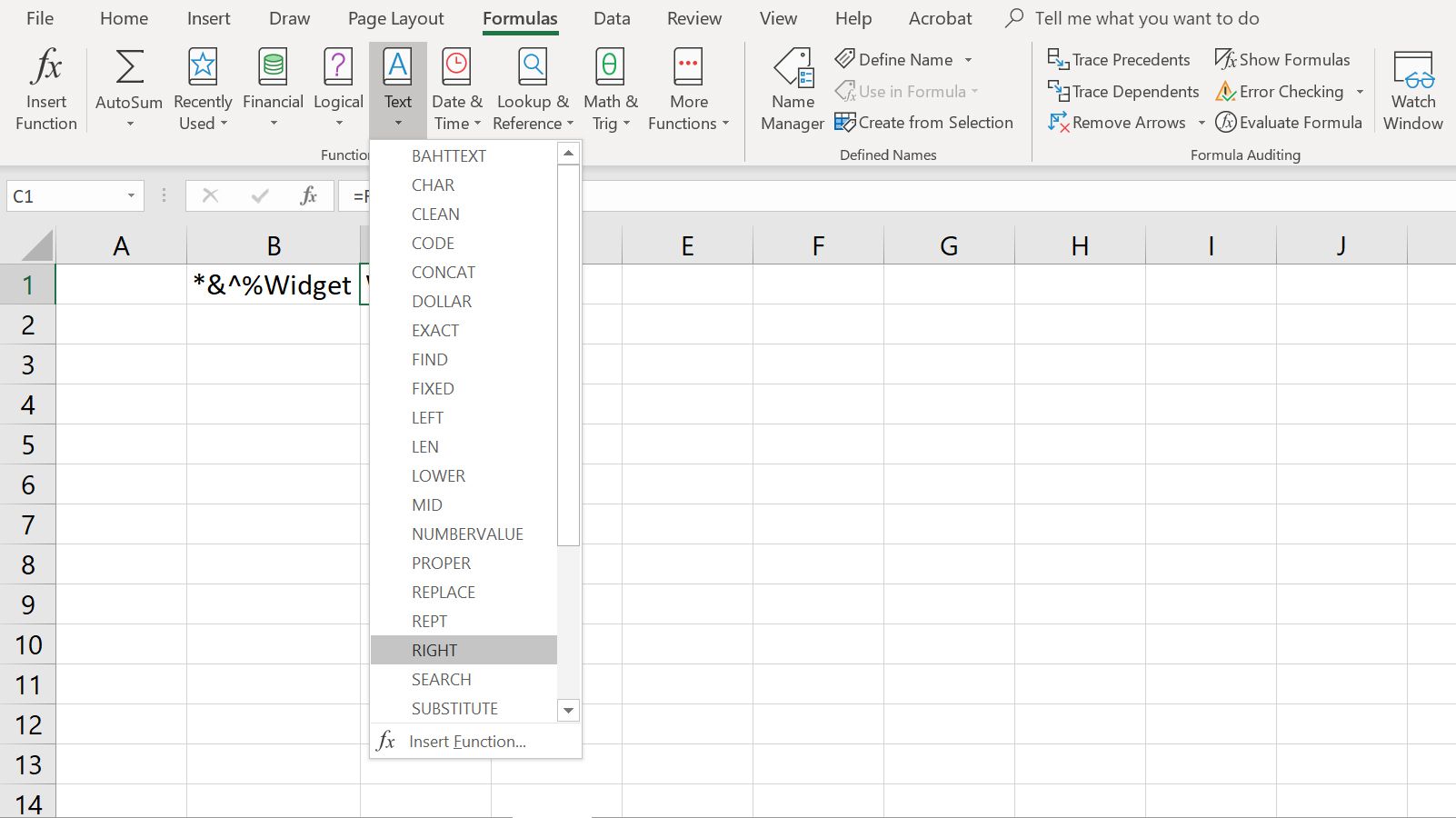 Het vervolgkeuzemenu Tekstformule van Excel met de functie RECHTS geselecteerd
