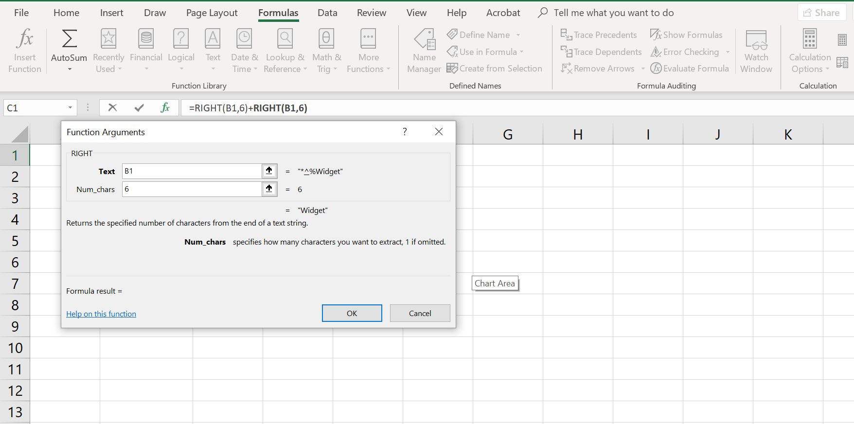 Excel-spreadsheet met dialoogvenster RECHTS-functie