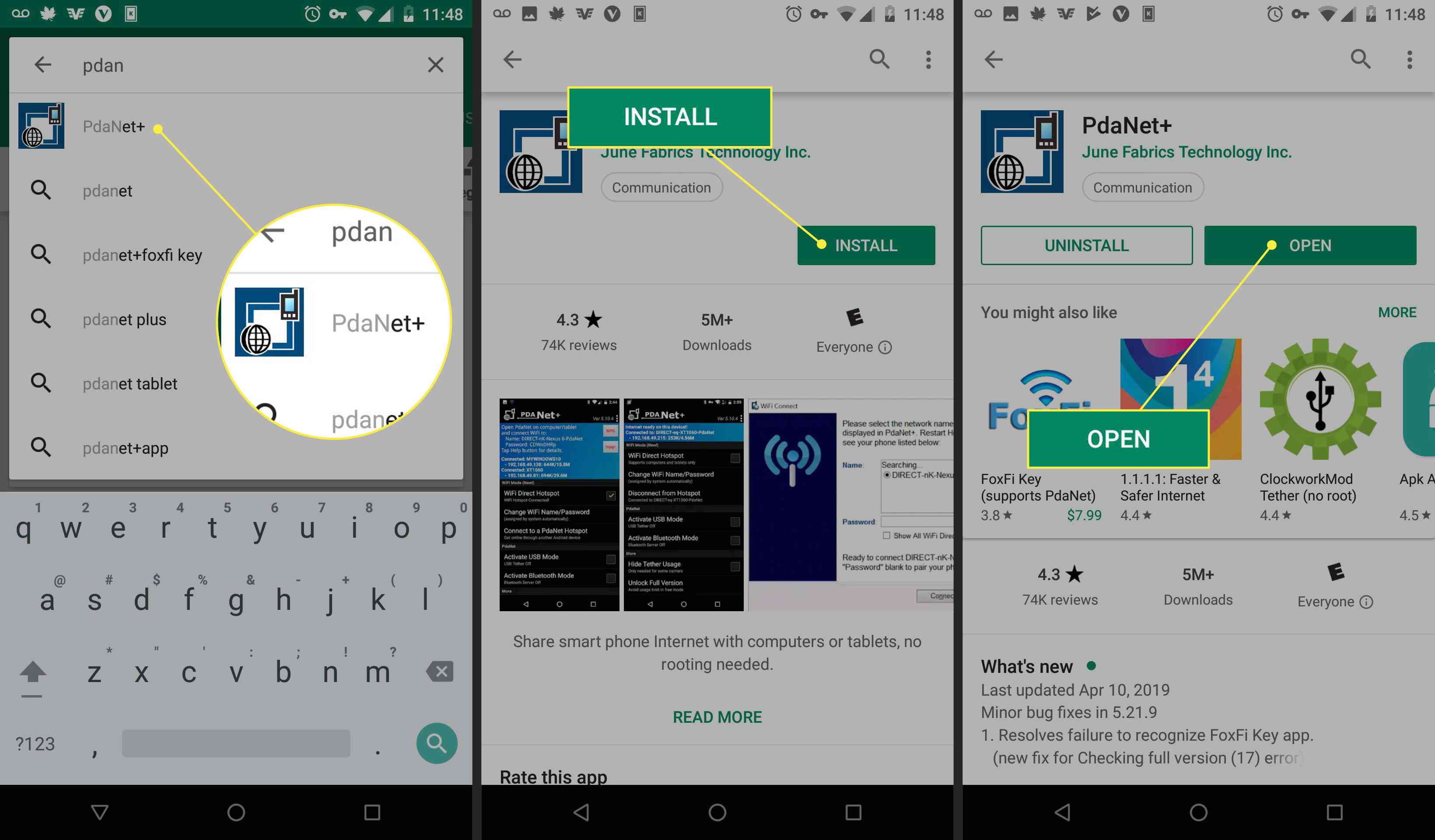 Screenshots uit de Google Play Store die laten zien hoe je PdaNet+ kunt downloaden en openen