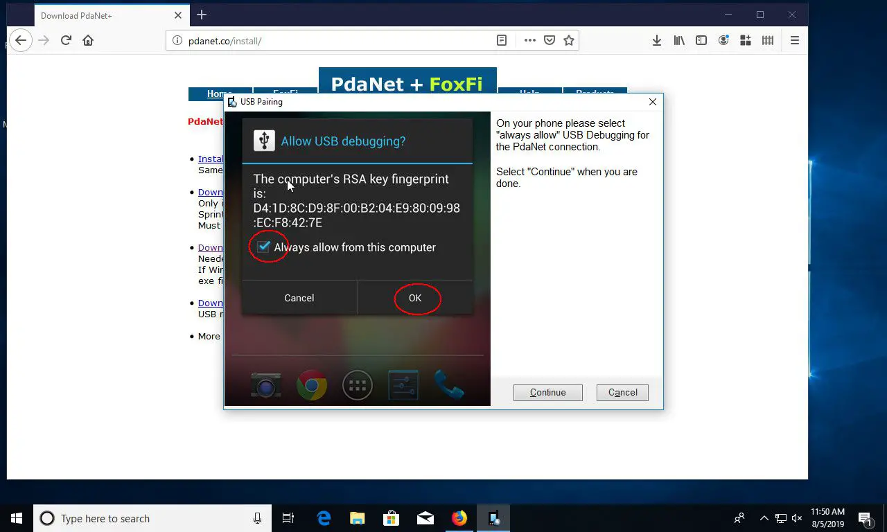 Windows 10 PdaNet+ staat foutopsporing toe