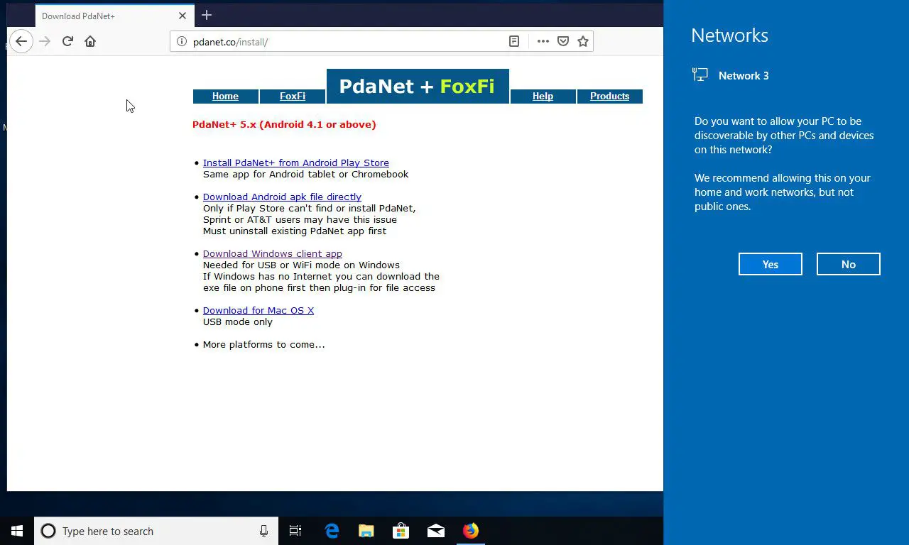 Windows 10 verbonden met PdaNet+