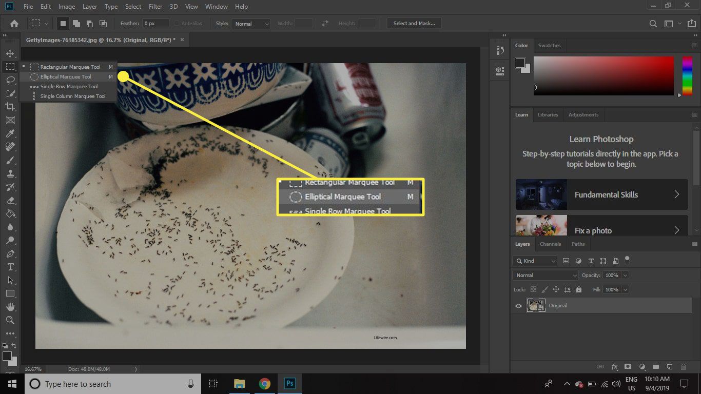 Een screenshot van Photoshop met de Elliptical Marquee Tool gemarkeerd