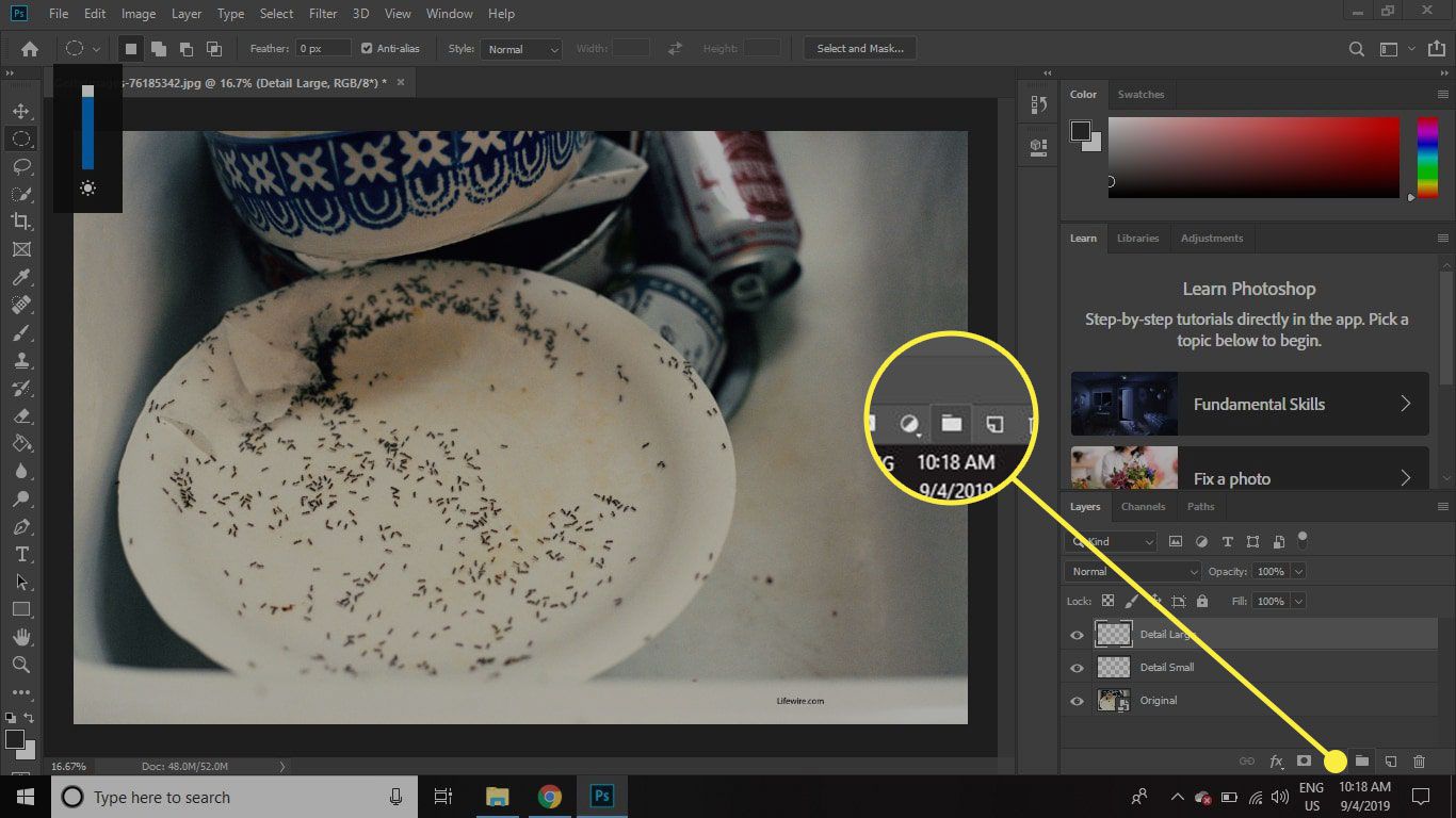 Een screenshot van Photoshop met de Layers Group-knop gemarkeerd