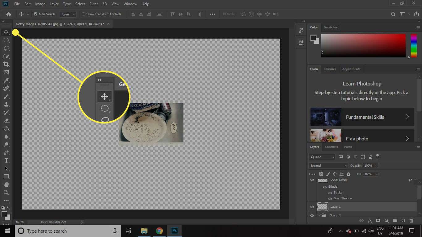 Een screenshot van Photoshop met het gereedschap Verplaatsen gemarkeerd