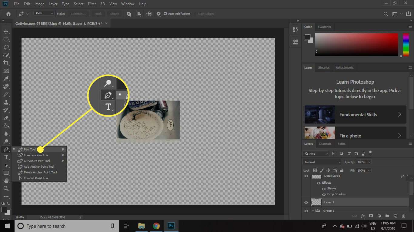 Een screenshot van Photoshop met het gereedschap Pen gemarkeerd