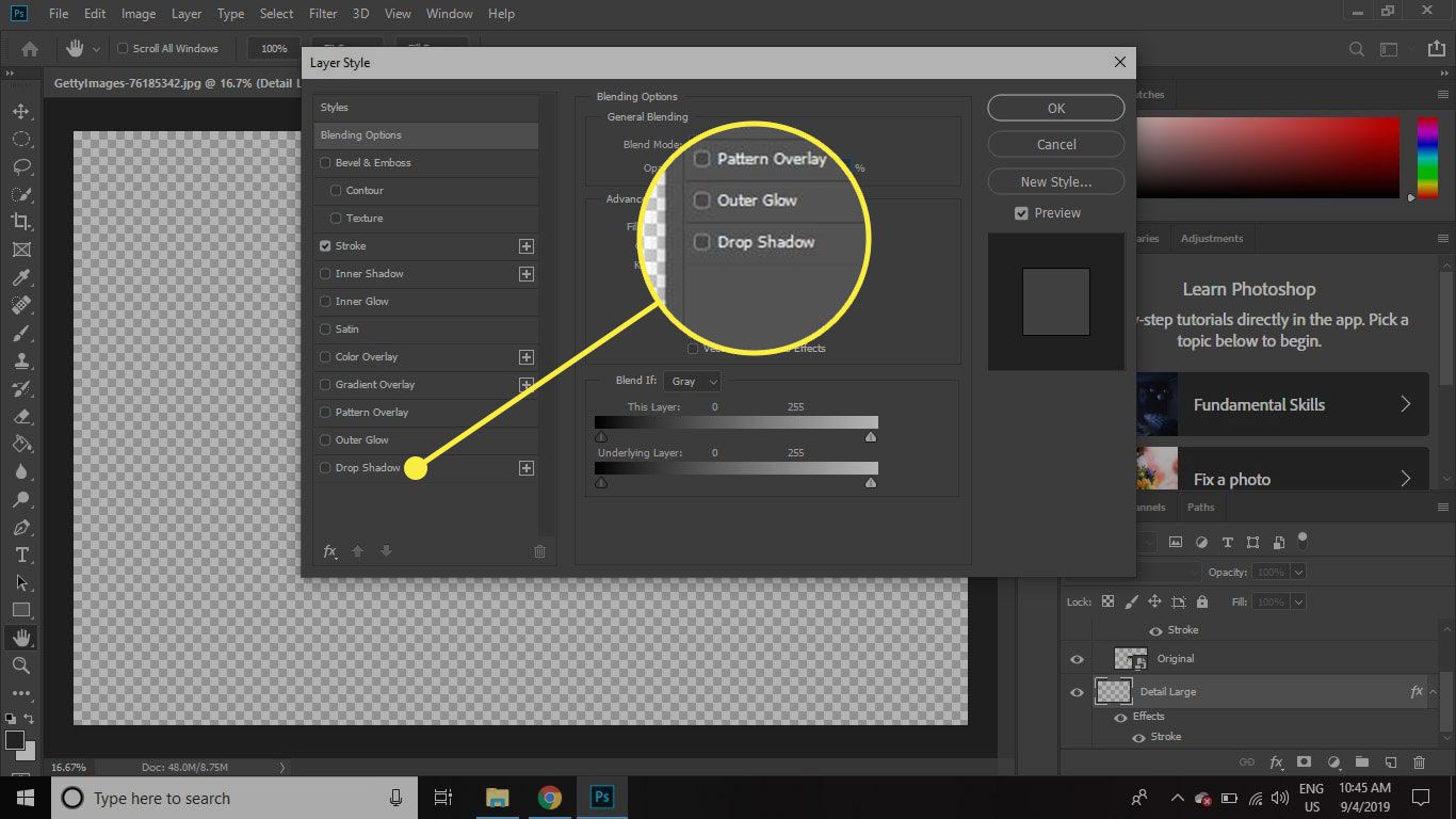 Een screenshot van het Layer Style-venster in Photoshop met de optie Slagschaduw gemarkeerd