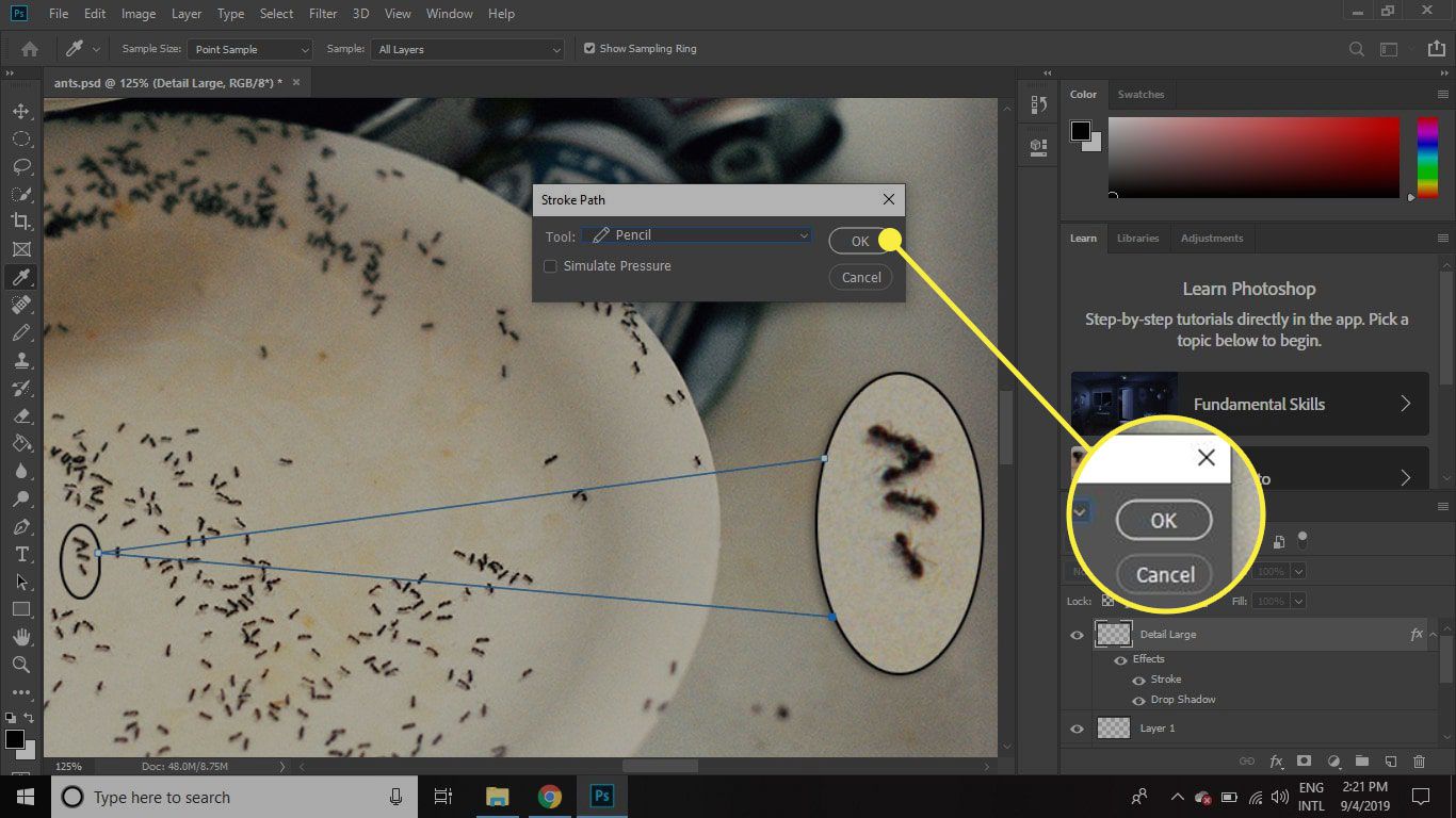 Een screenshot van het Stroke Path-dialoogvenster in Photoshop met de OK-knop gemarkeerd