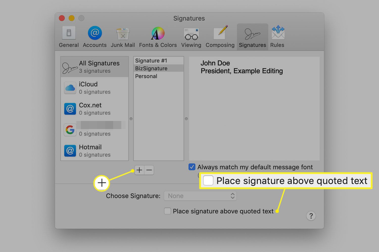 Handtekeningenscherm in macOS Mail-voorkeuren