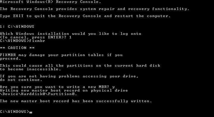 Windows XP Herstelconsole fixmbr-opdracht