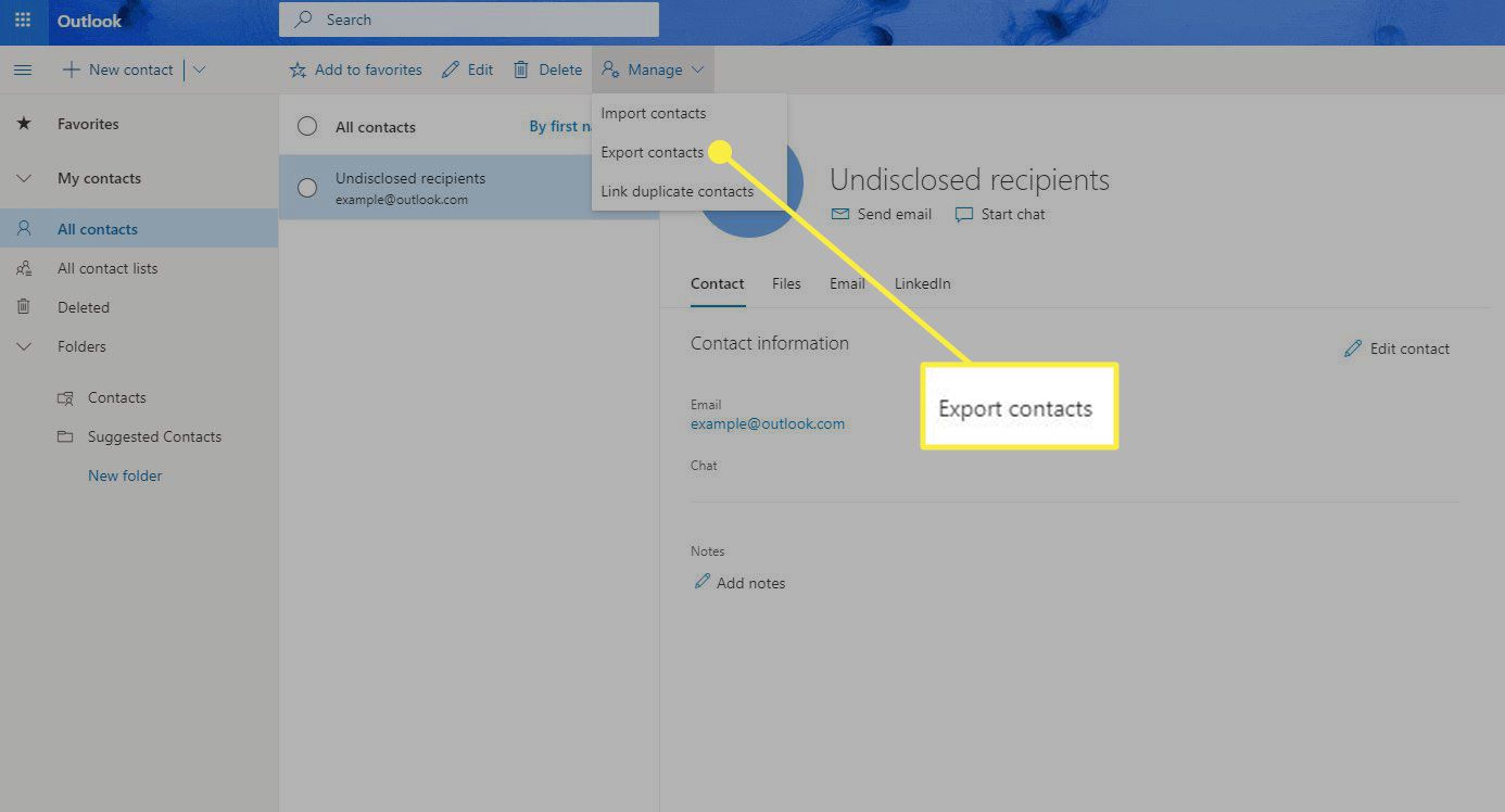Een schermafbeelding van de Outlook-pagina Personen met de opdracht Contactpersonen exporteren gemarkeerd