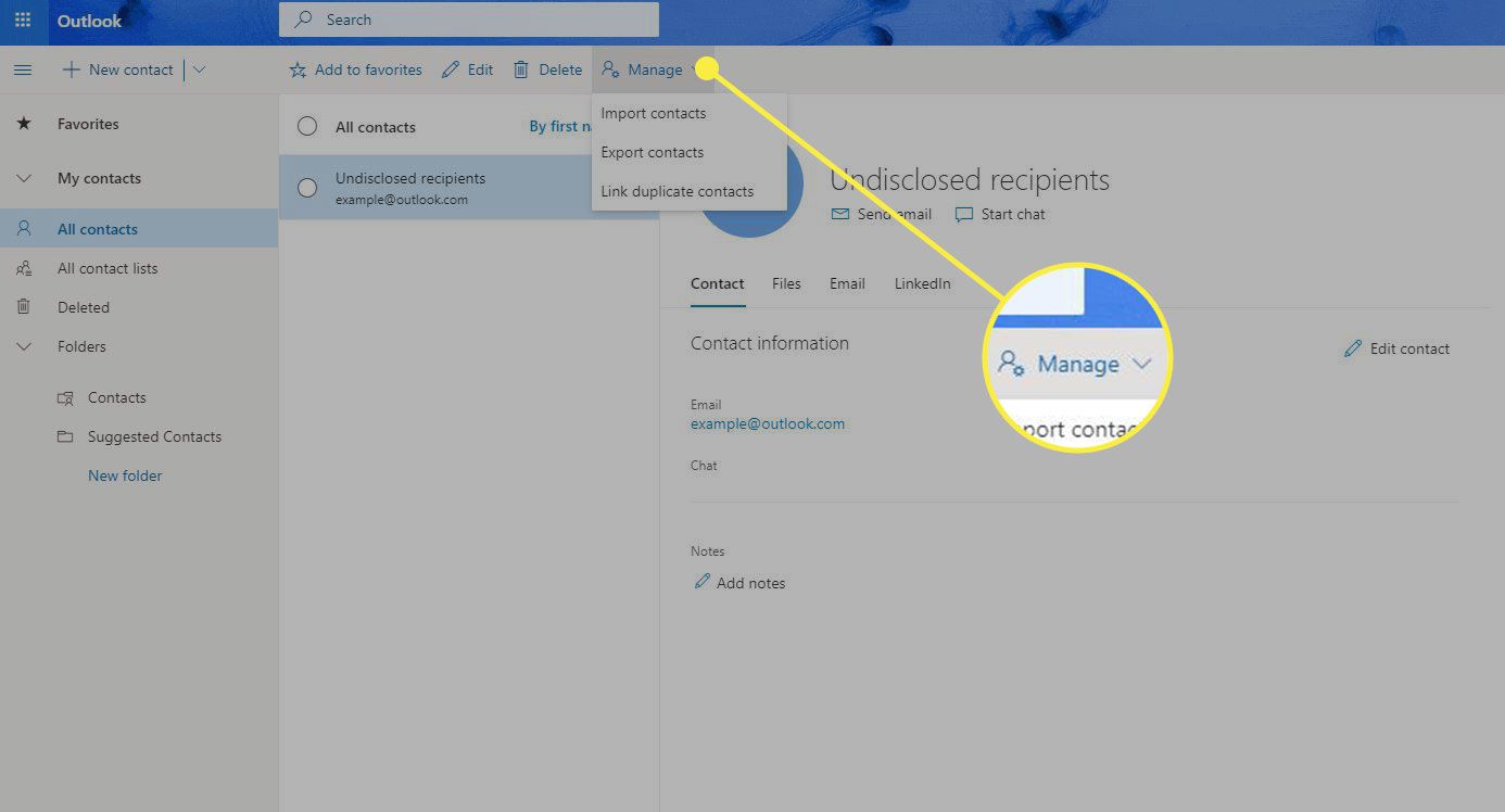 Een schermafbeelding van de Outlook-pagina Personen met het menu Beheren gemarkeerd