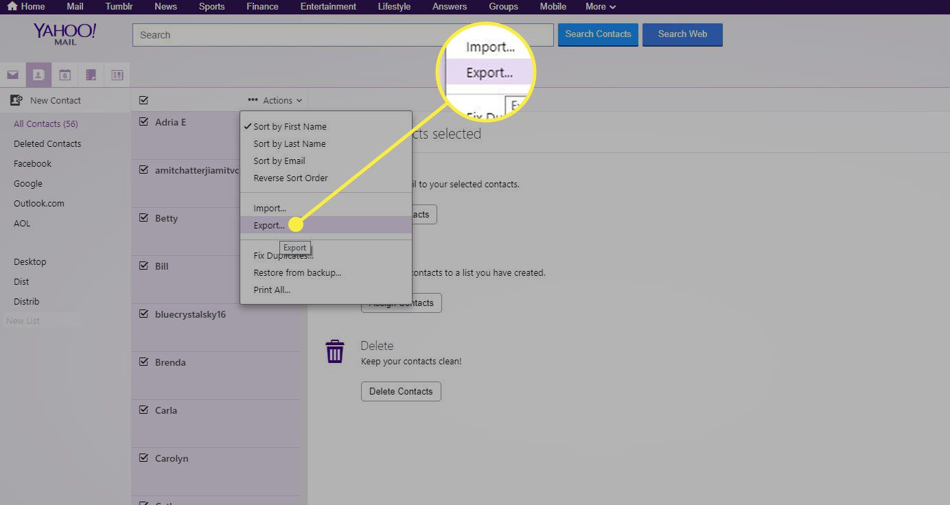 Een schermafbeelding van Yahoo Mail-contacten met de opdracht Exporteren gemarkeerd