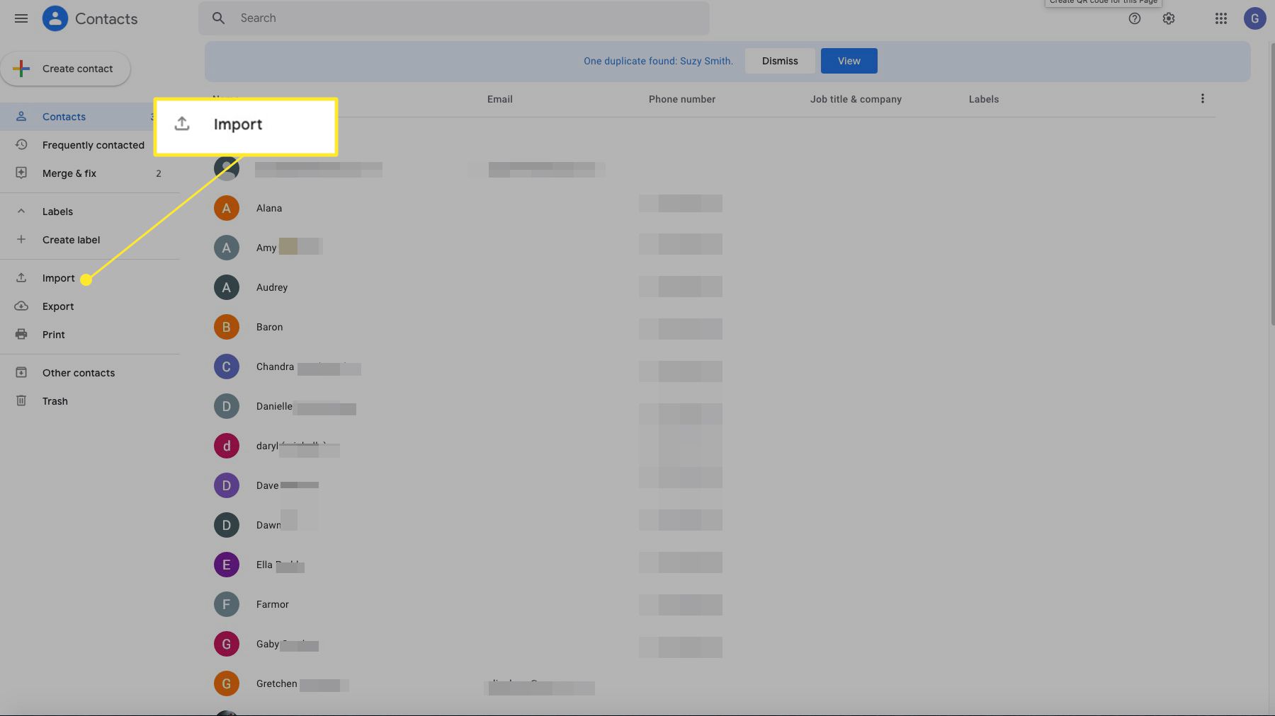 Gmail-contactenscherm met Importeren gemarkeerd