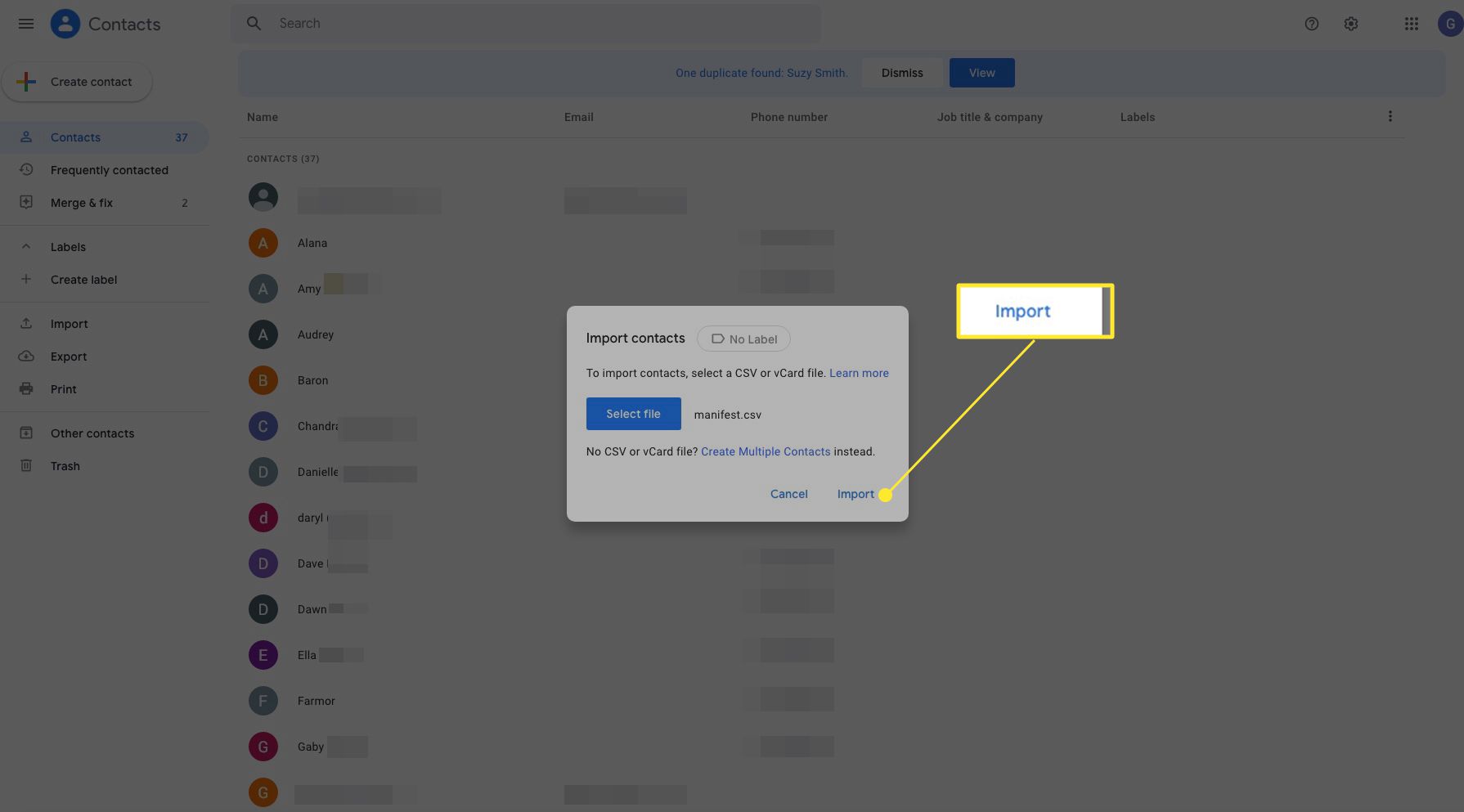 Google Contacten Import-box met "Importeren" gemarkeerd