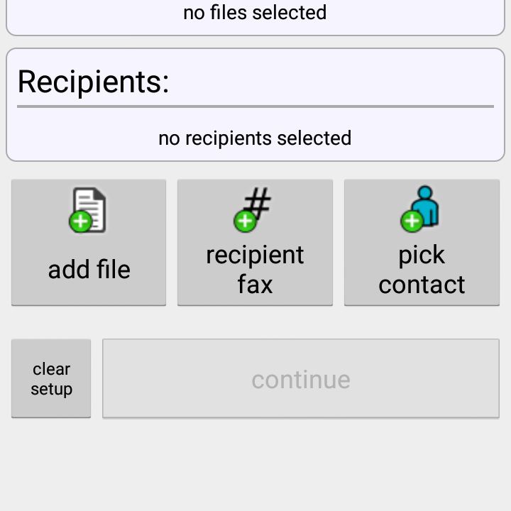 Een screenshot van het hoofdscherm van de FaxFile-app op een Android-telefoon, een HTC 710C.  Het hoofdscherm toont opties voor het instellen van een fax: bestanden toevoegen en ontvangers kiezen.