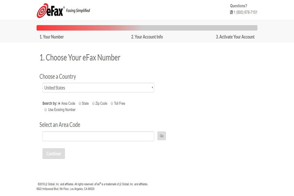 Een screenshot van de maandelijkse aanmeldingspagina voor lidmaatschap van eFax.  U moet zich aanmelden voor een account om hun diensten te gebruiken.  Op deze pagina moet u een locatiespecifiek eFax-nummer kiezen.