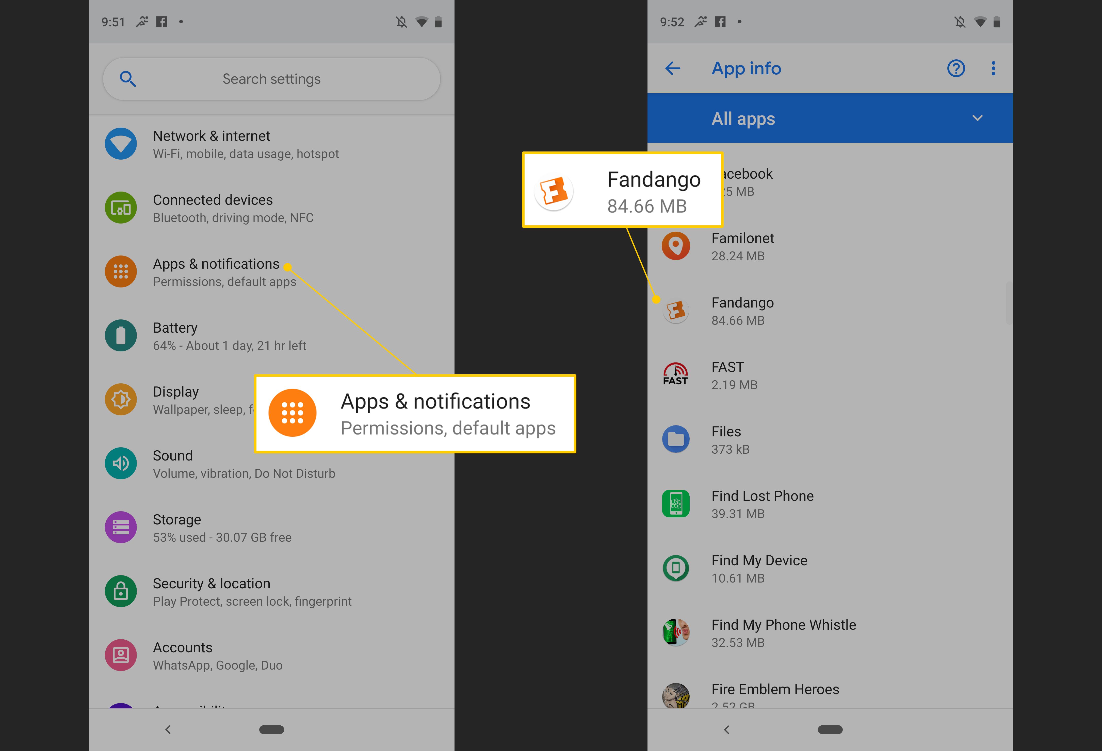 Apps en meldingen, Fandango-app in Android-instellingen