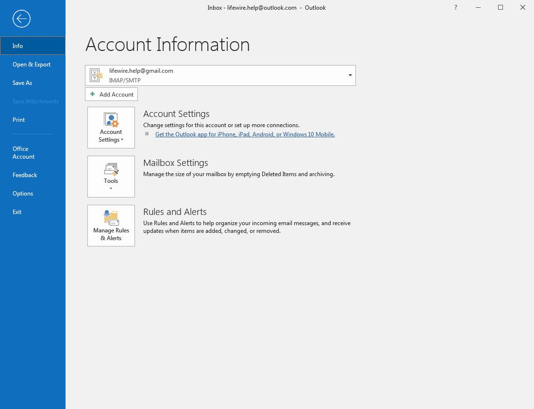 Scherm met accountgegevens van Outlook 2016