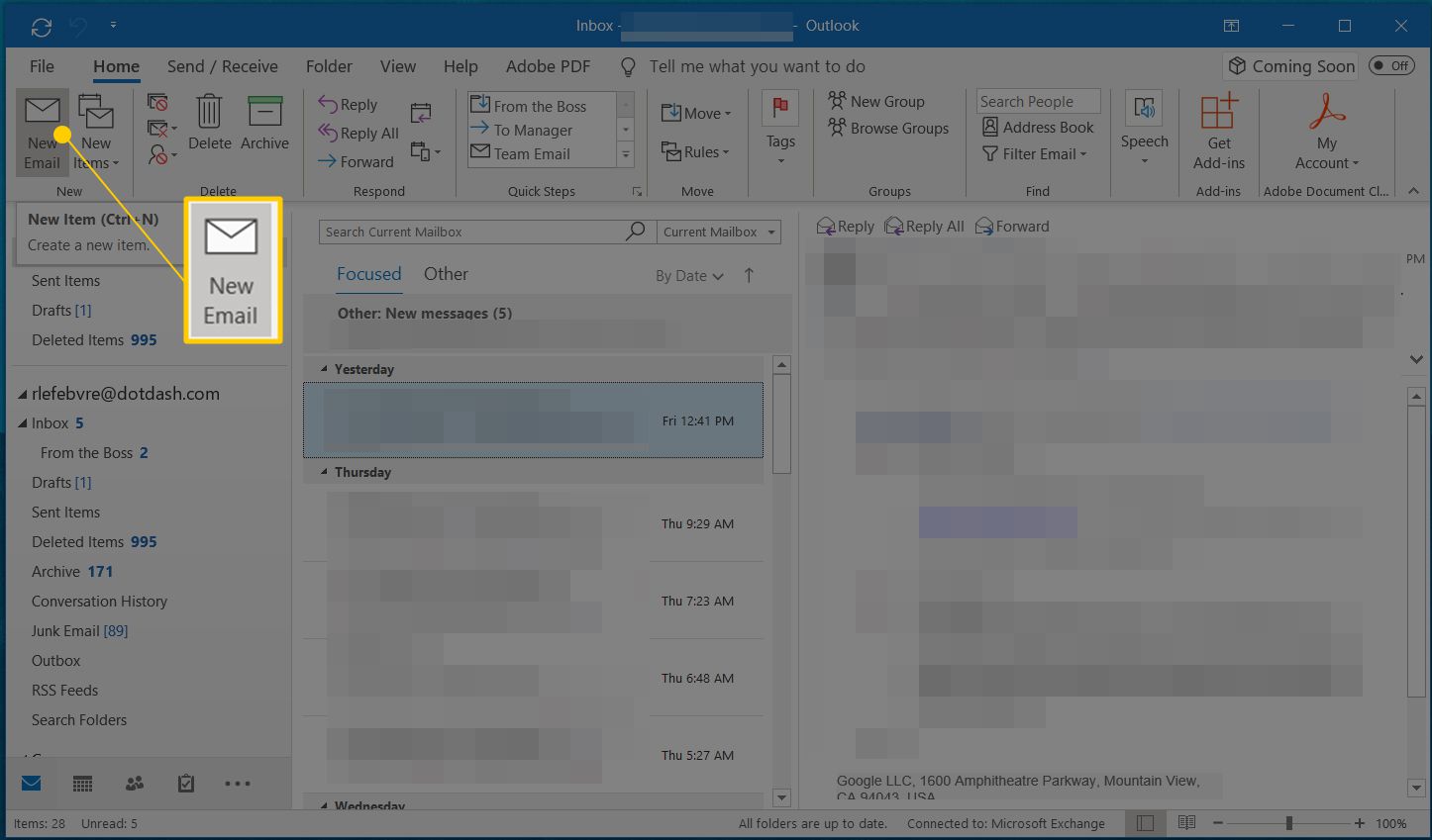 Nieuwe e-mailknop in Outlook