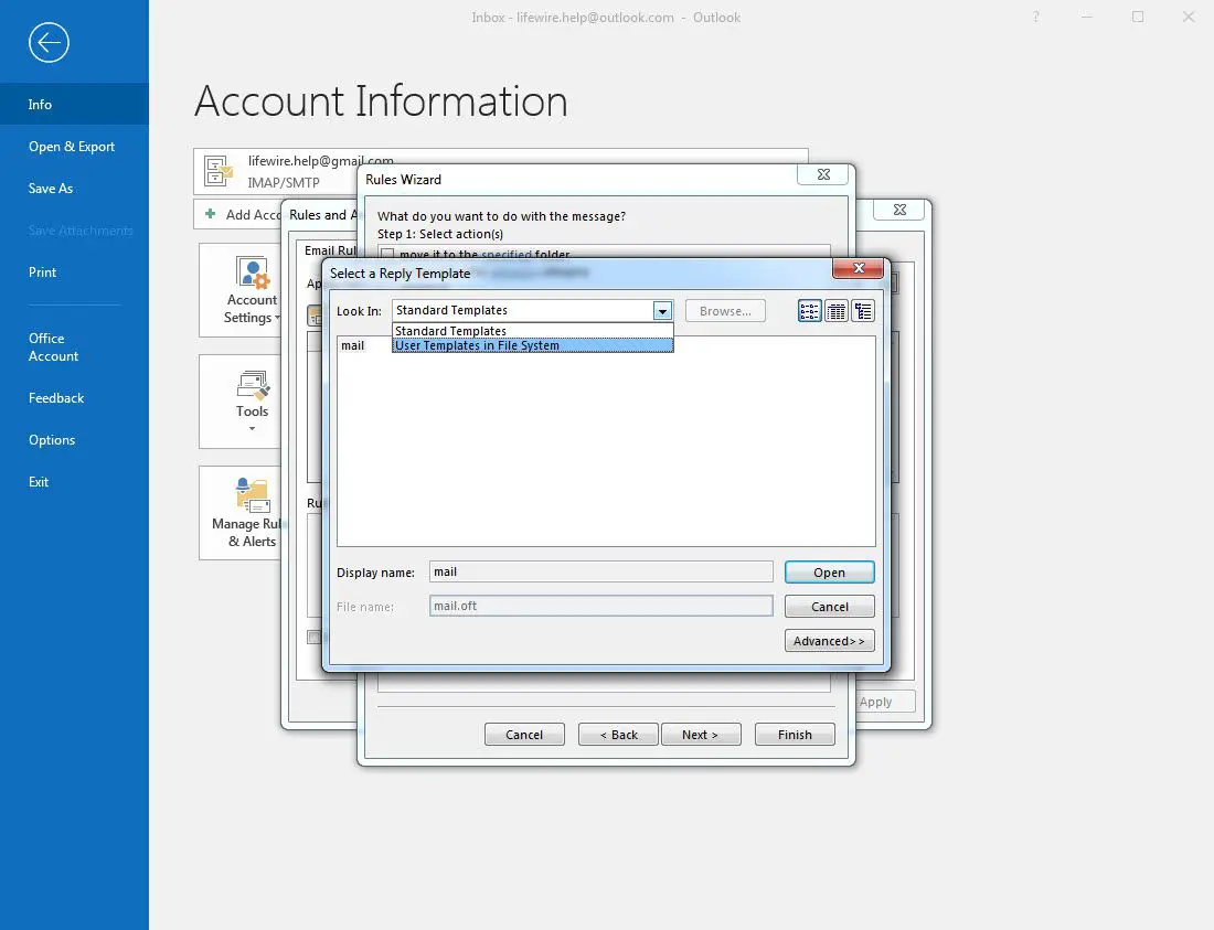 Outlook 2016 Selecteer een antwoordsjabloonvenster met het vervolgkeuzemenu "Gebruikerssjablonen in bestandssysteem"
