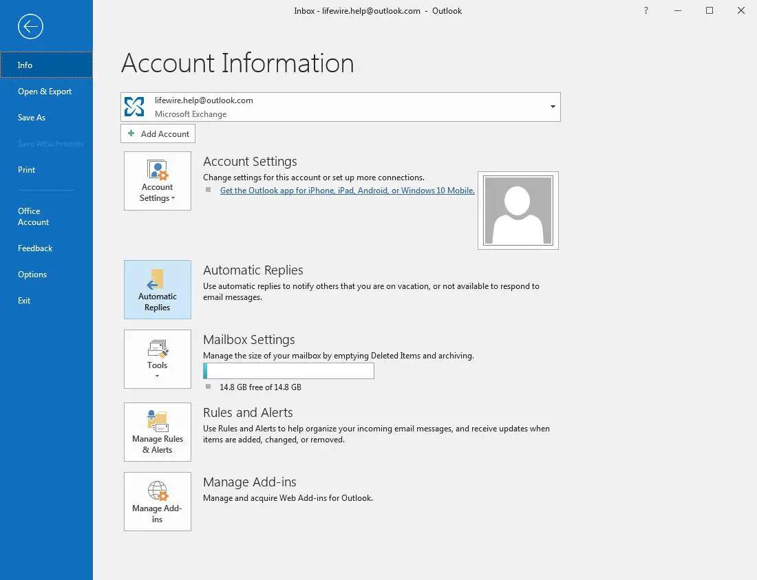 Outlook 2016 Info-scherm met Automatische antwoorden geselecteerd