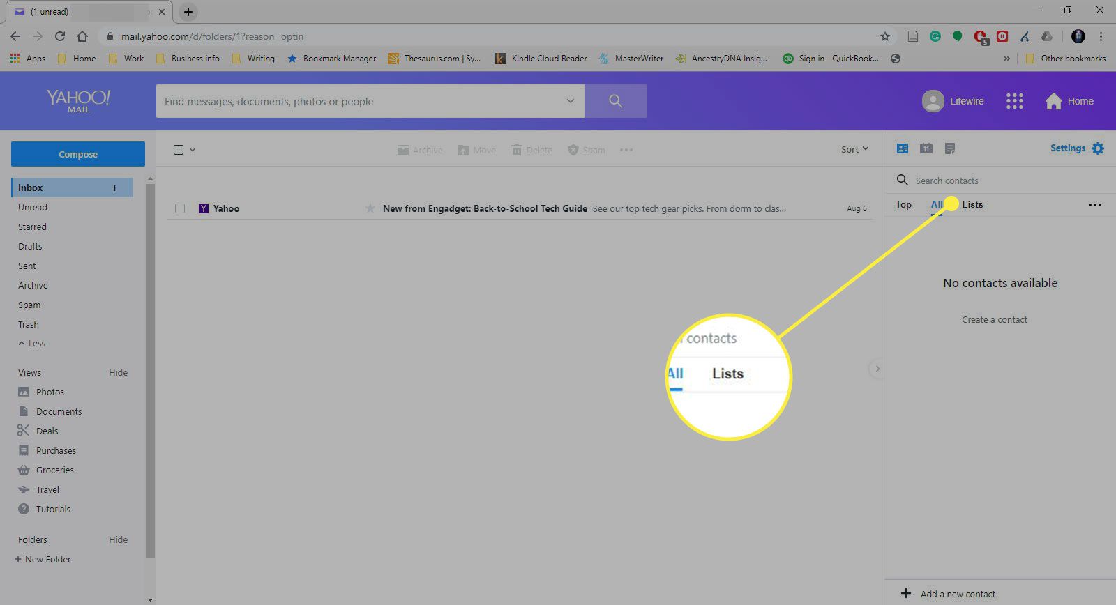 Een screenshot van het tabblad Contacten van Yahoo Mail met de sectie Lijsten gemarkeerd