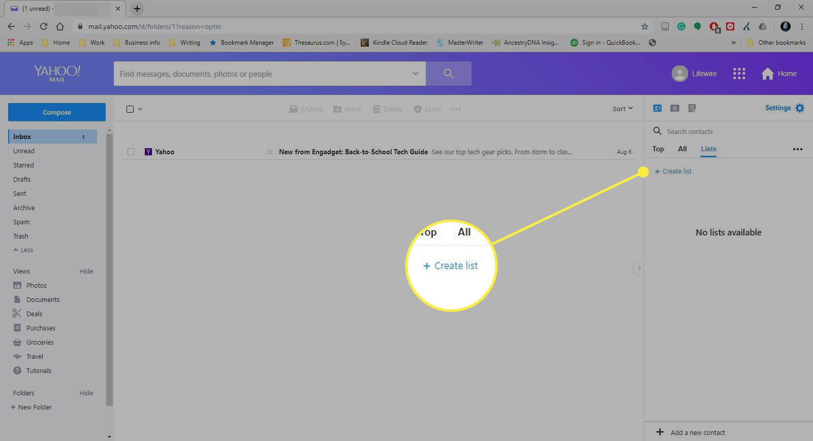 Een screenshot van Yahoo Mail met de opdracht Lijst maken gemarkeerd