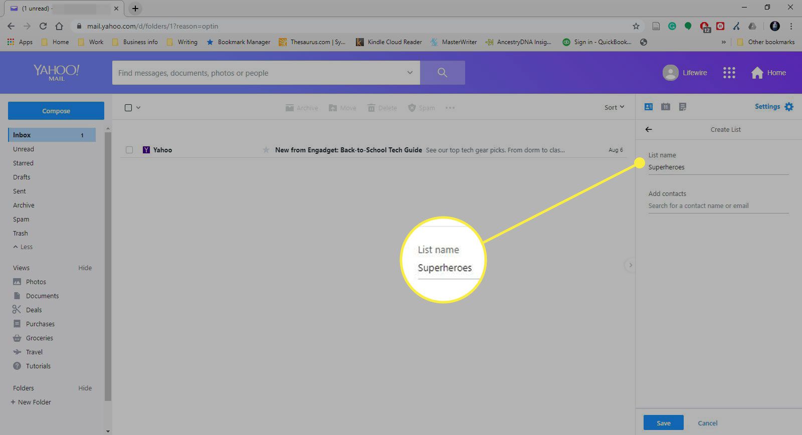 Een schermafbeelding van Yahoo Mail met het veld Lijstnaam gemarkeerd