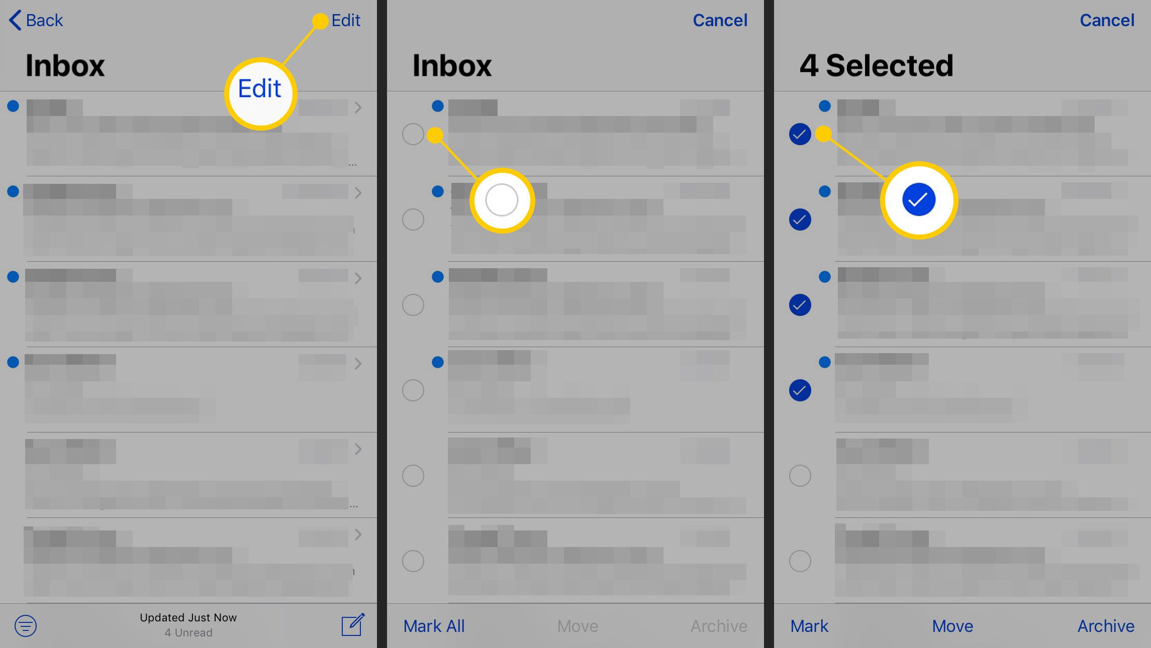 E-mails selecteren om te bewerken op een iPhone