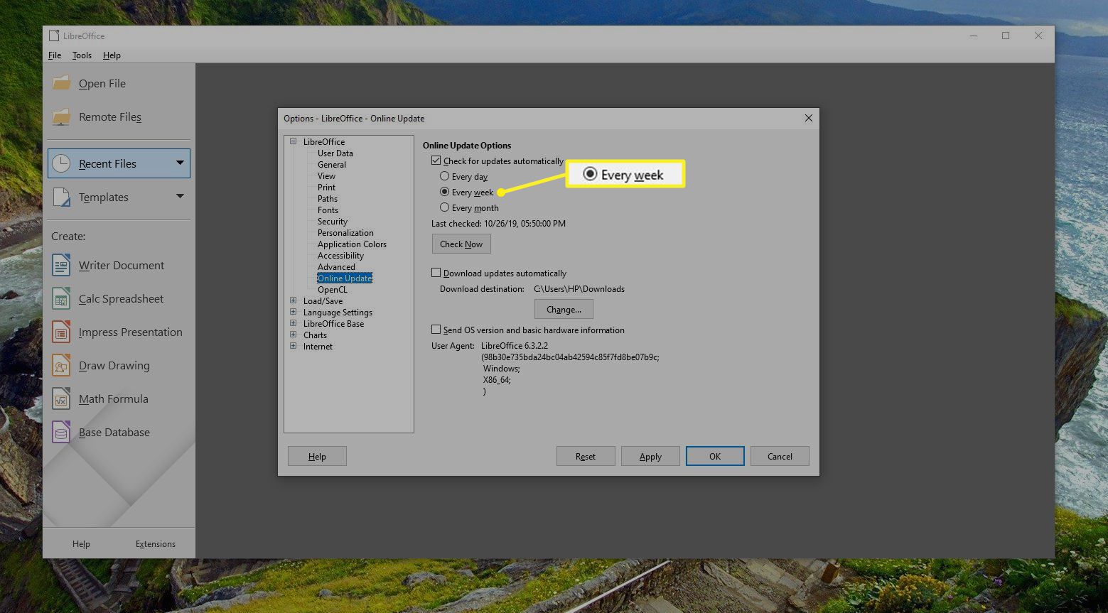 LibreOffice automatische update-instellingen met Elke week gemarkeerd