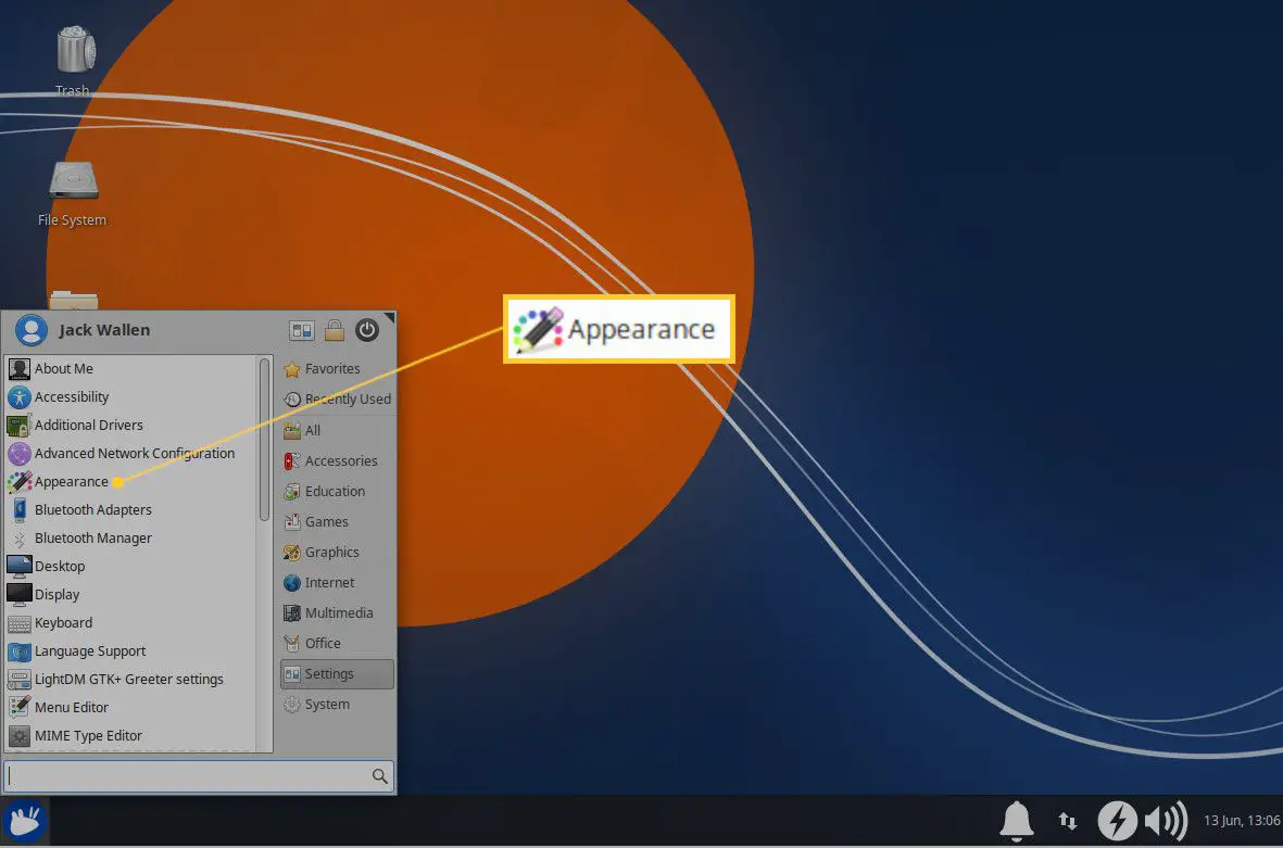 Screenshot van het Xfce Appearance-menu-item.