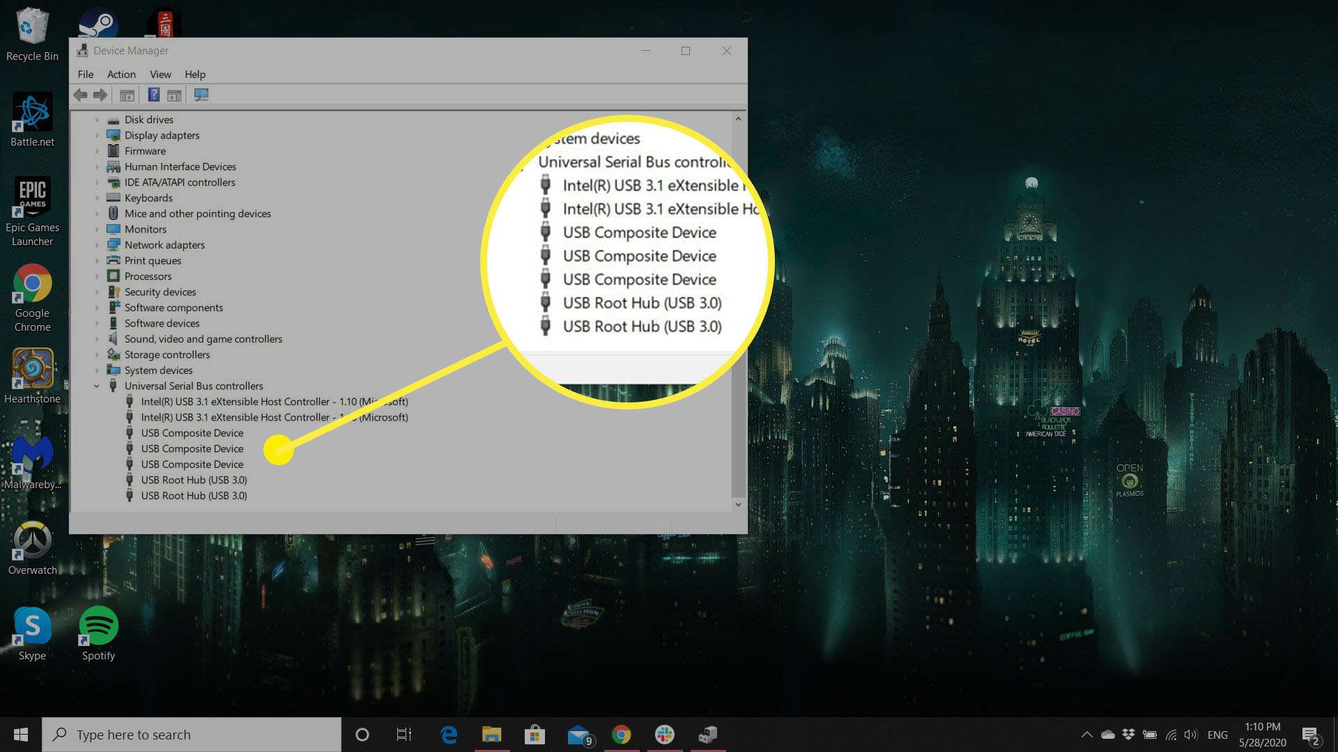 Een screenshot in Windows met een pc met ondersteuning voor USB 3.0.