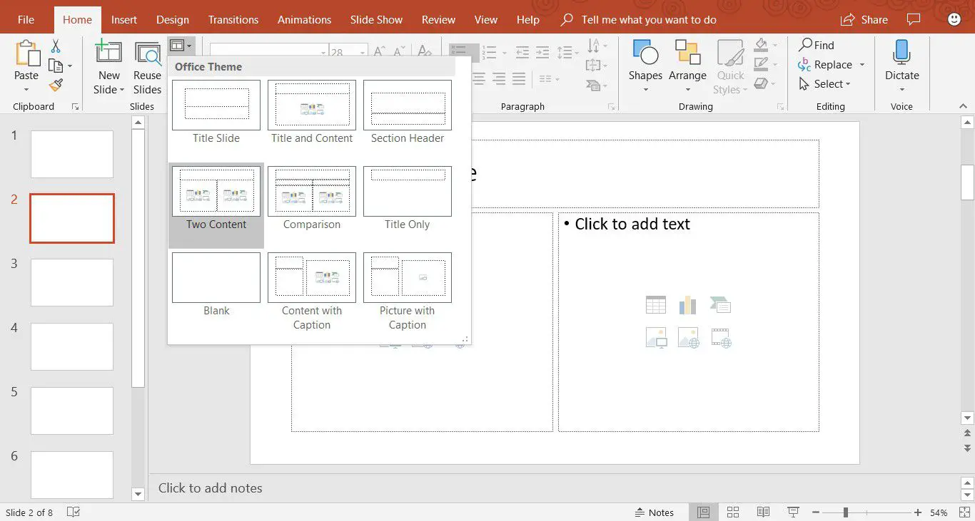 Schermafbeelding die laat zien hoe u de lay-out voor een dia in PowerPoint kunt wijzigen