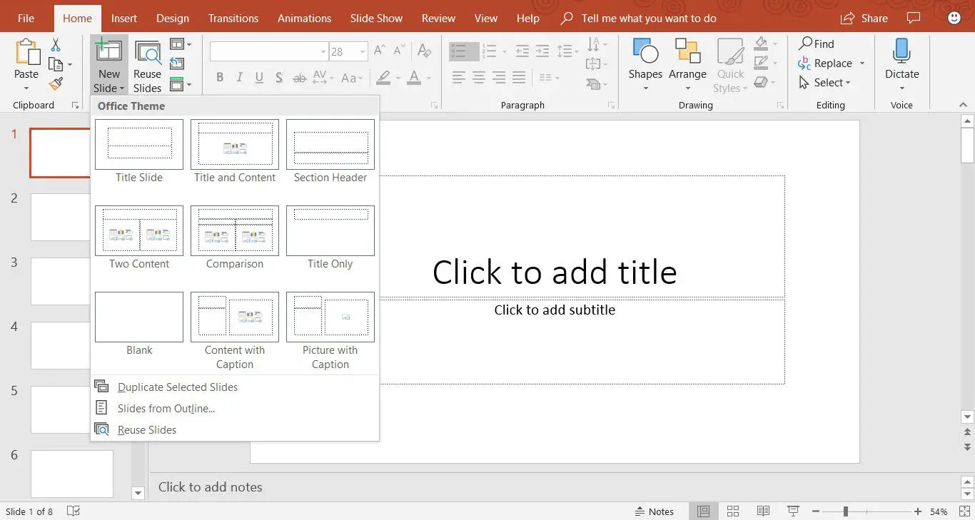 Een screenshot die laat zien hoe je een nieuwe dia toevoegt in PowerPoint