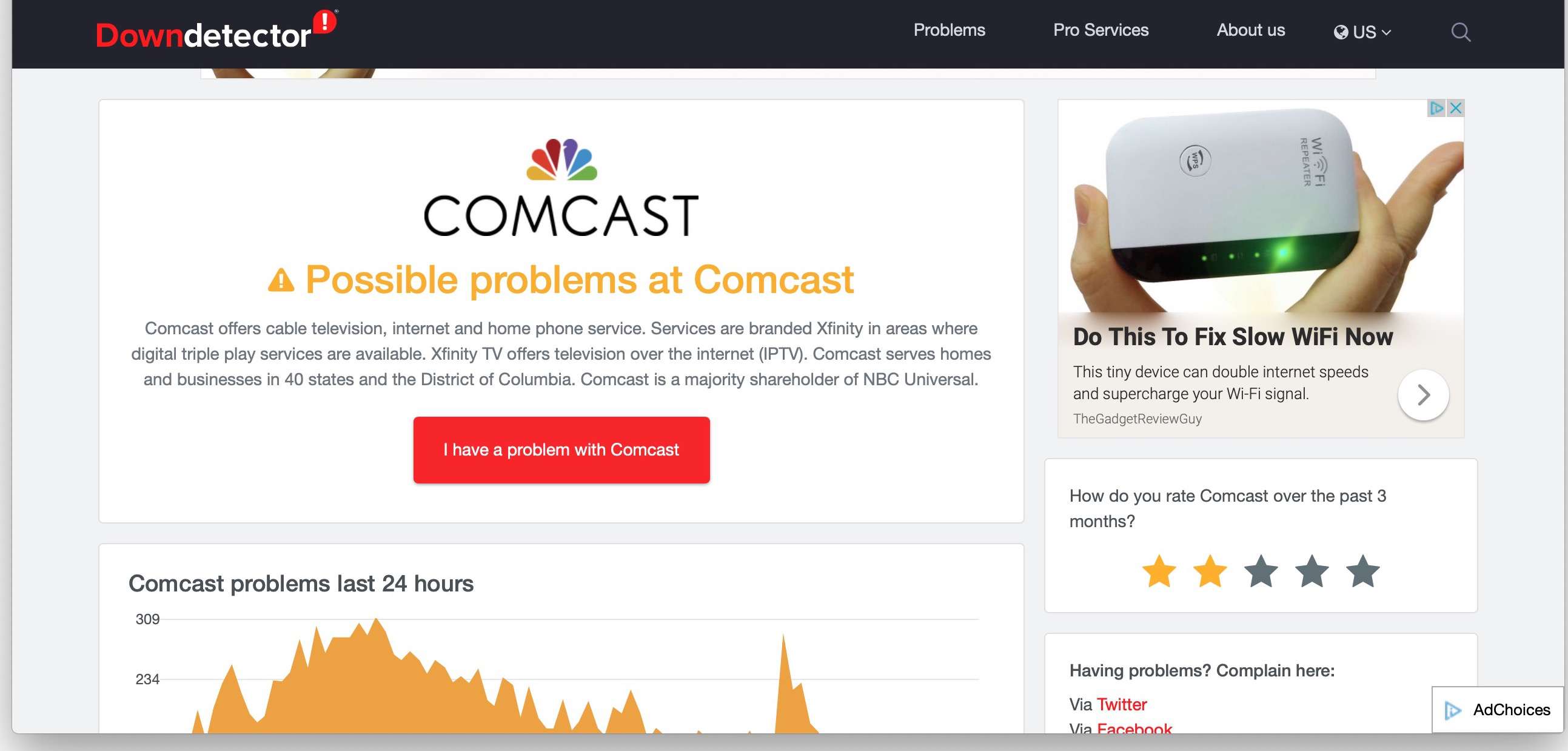 Comcast-servicestatus op Downdetector
