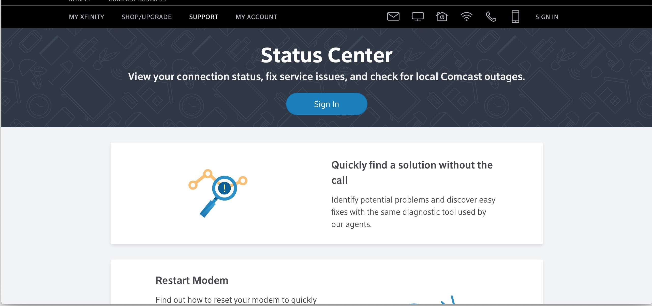 Comcast Service Status Center-pagina