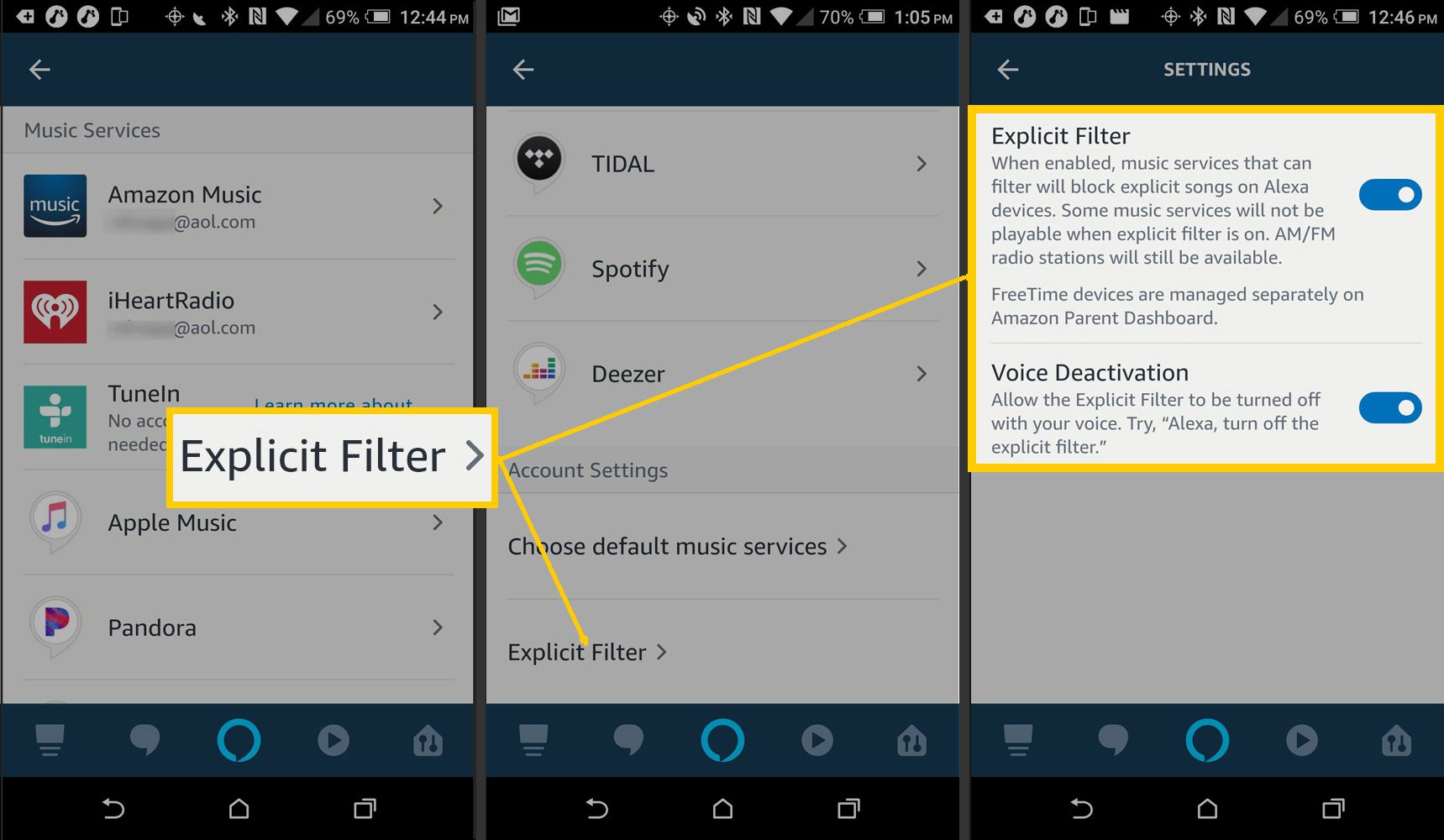 Alexa App Music Services - Expliciete filterinstellingen