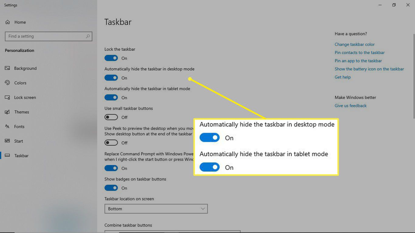 Zet de tuimelschakelaars onder De taakbalk automatisch verbergen in bureaubladmodus en De taakbalk automatisch verbergen in tabletmodus op Aan