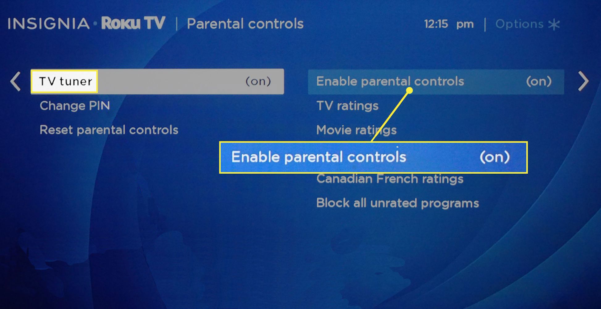 De opdracht "Ouderlijk toezicht inschakelen" onder TV Tuner op een Roku TV