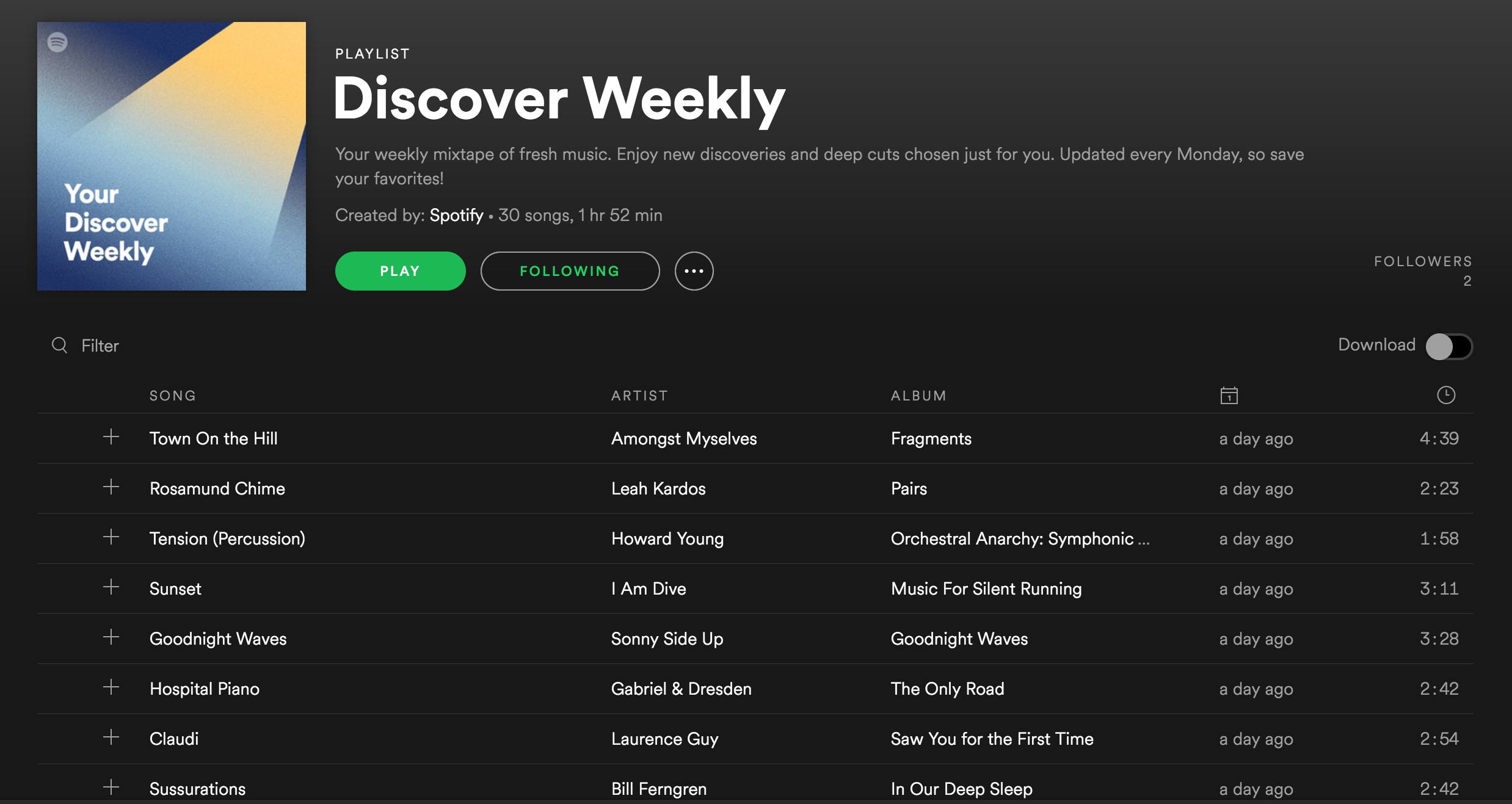 Een screenshot van de Discover Weekly-afspeellijst op de Spotify-desktoptoepassing.