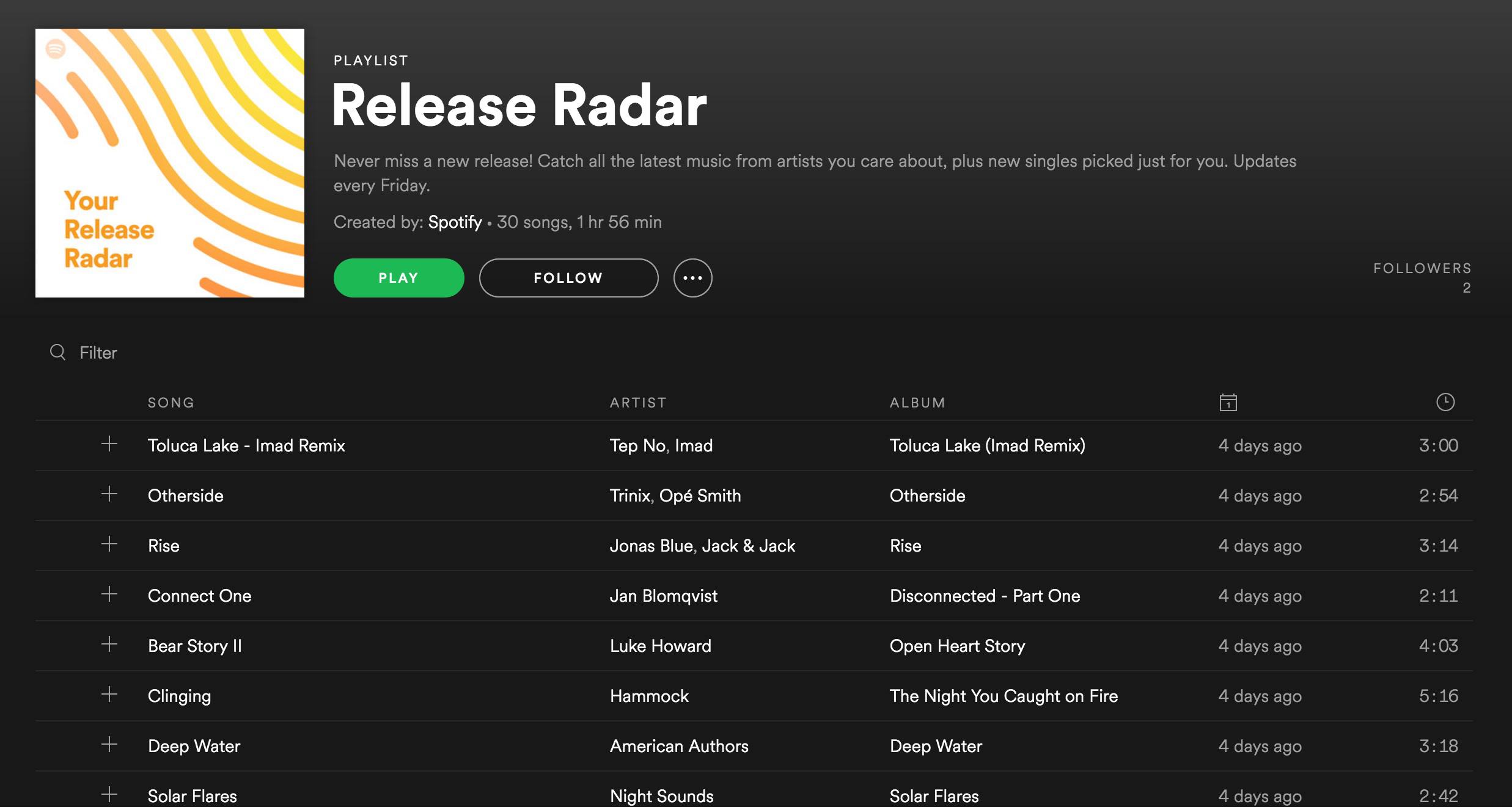 Een screenshot van de Release Radar-afspeellijst op de Spotify-desktoptoepassing.